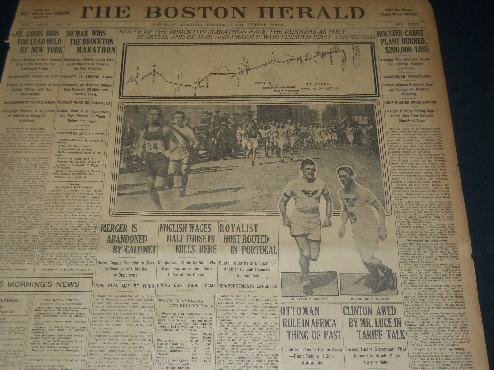 1911 OCTOBER 6 THE BOSTON HERALD - DE MAR WINS BROCKTON MARATHON RACE - BH 179 1911 OCTOBER 6 THE BOSTON HERALD - DE MAR WINS BROCKTON MARATHON RACE - BH 179