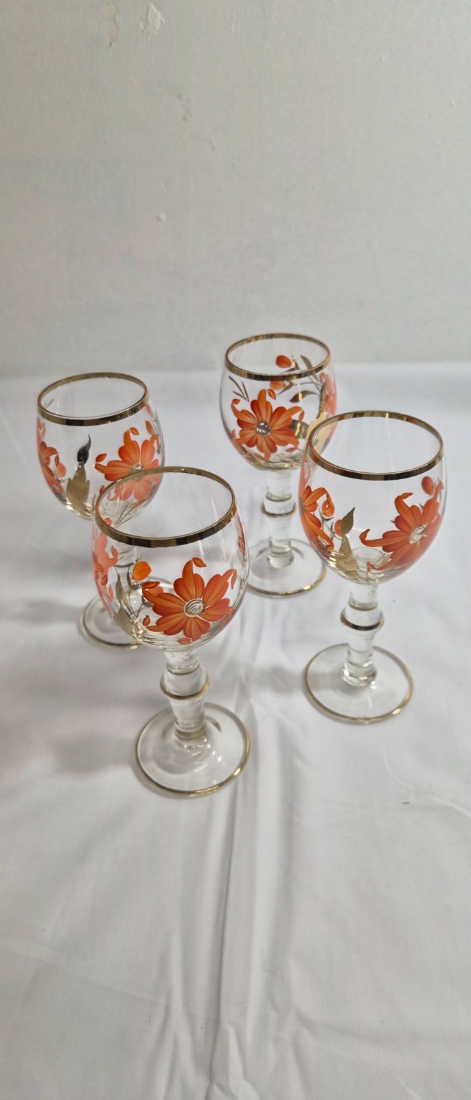 Vintage hand painted Romanian cordial glasses set of 4 22k rim