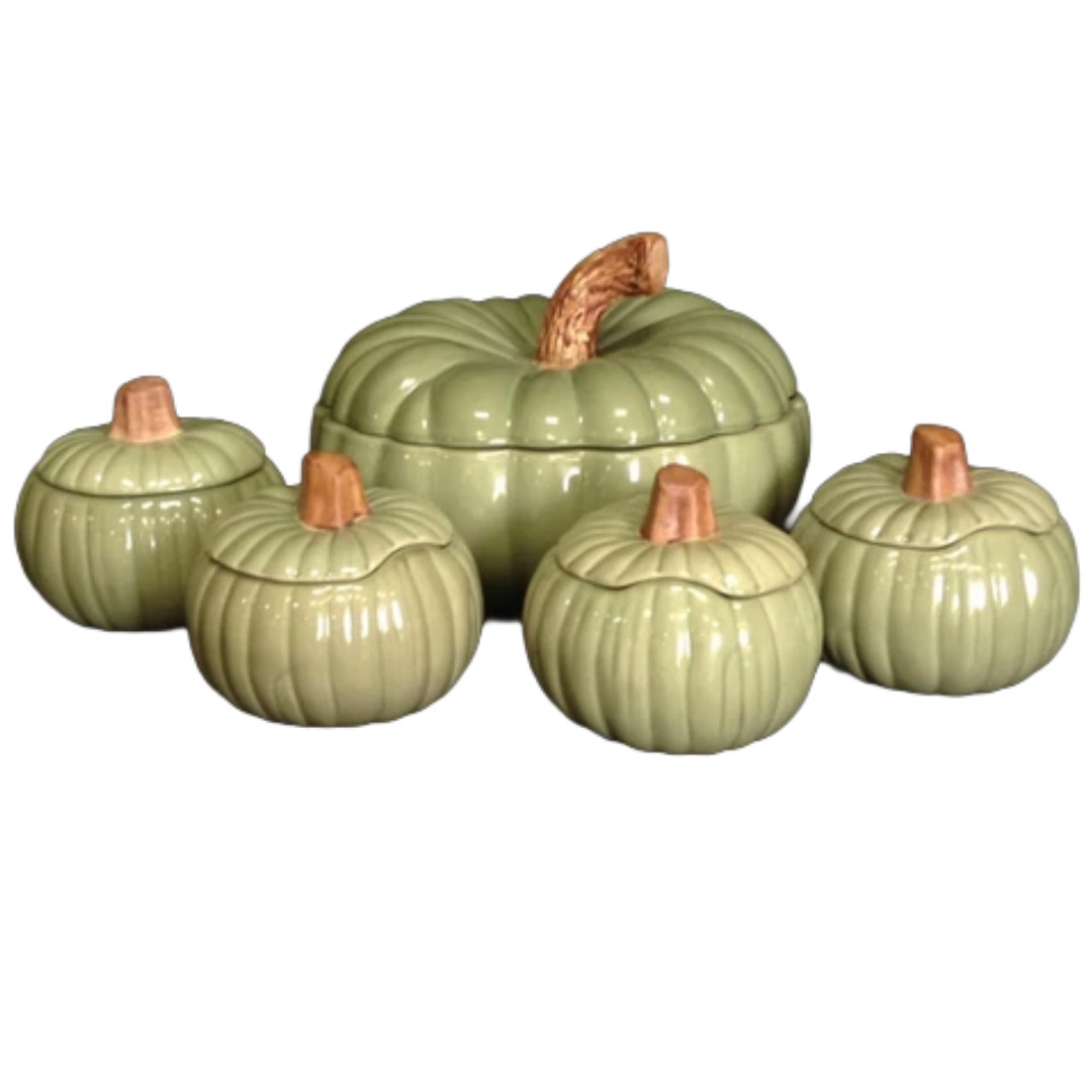 Williams-Sonoma Sage Green Pumpkin Soup Tureen & 4 Bowls Thanksgiving Serveware Williams-Sonoma Sage Green Pumpkin Soup Tureen & 4 Bowls Thanksgiving Serveware