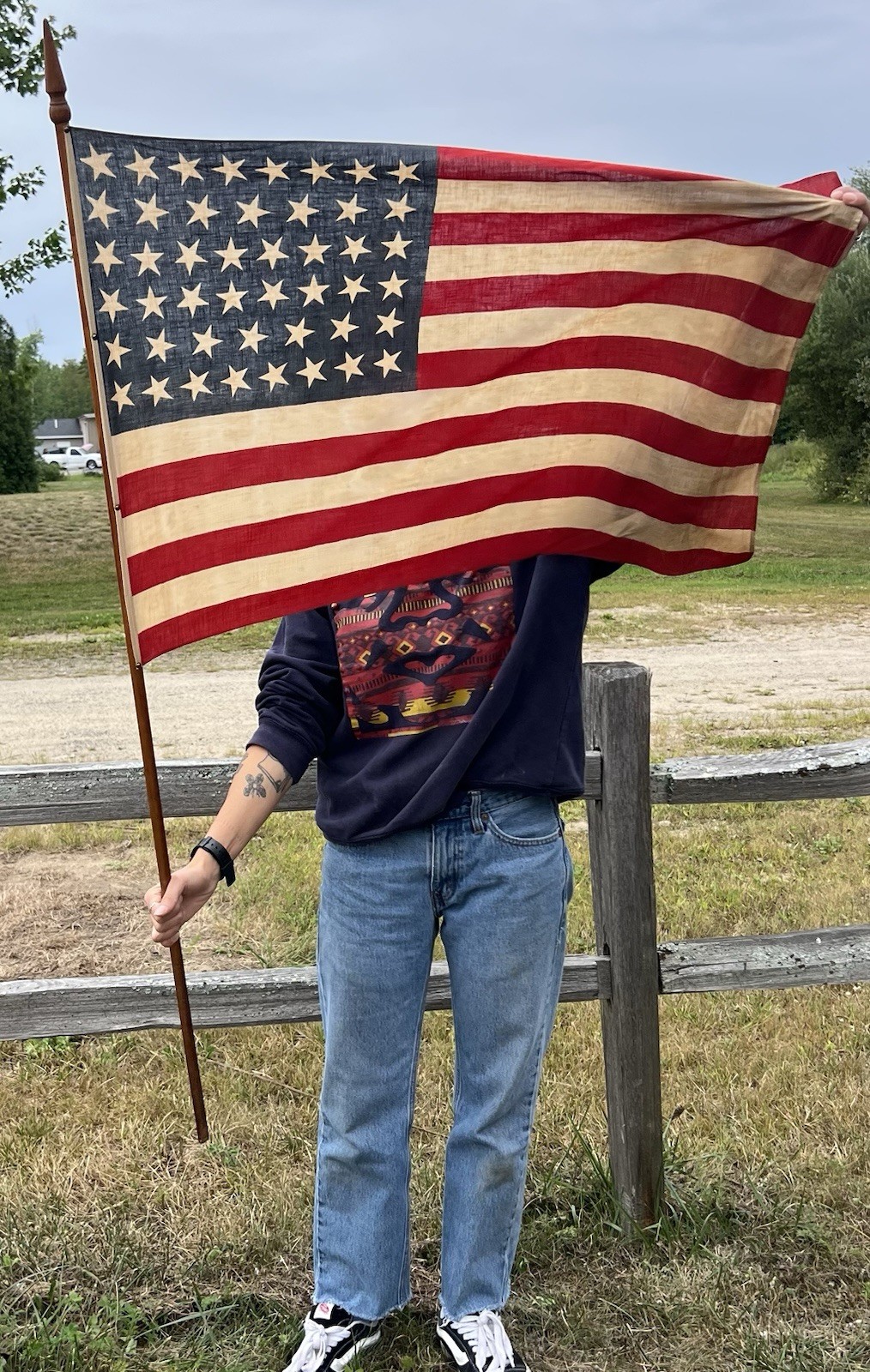 Authentic Antique 46 Star American Flag With Original Pole 1908-1912
