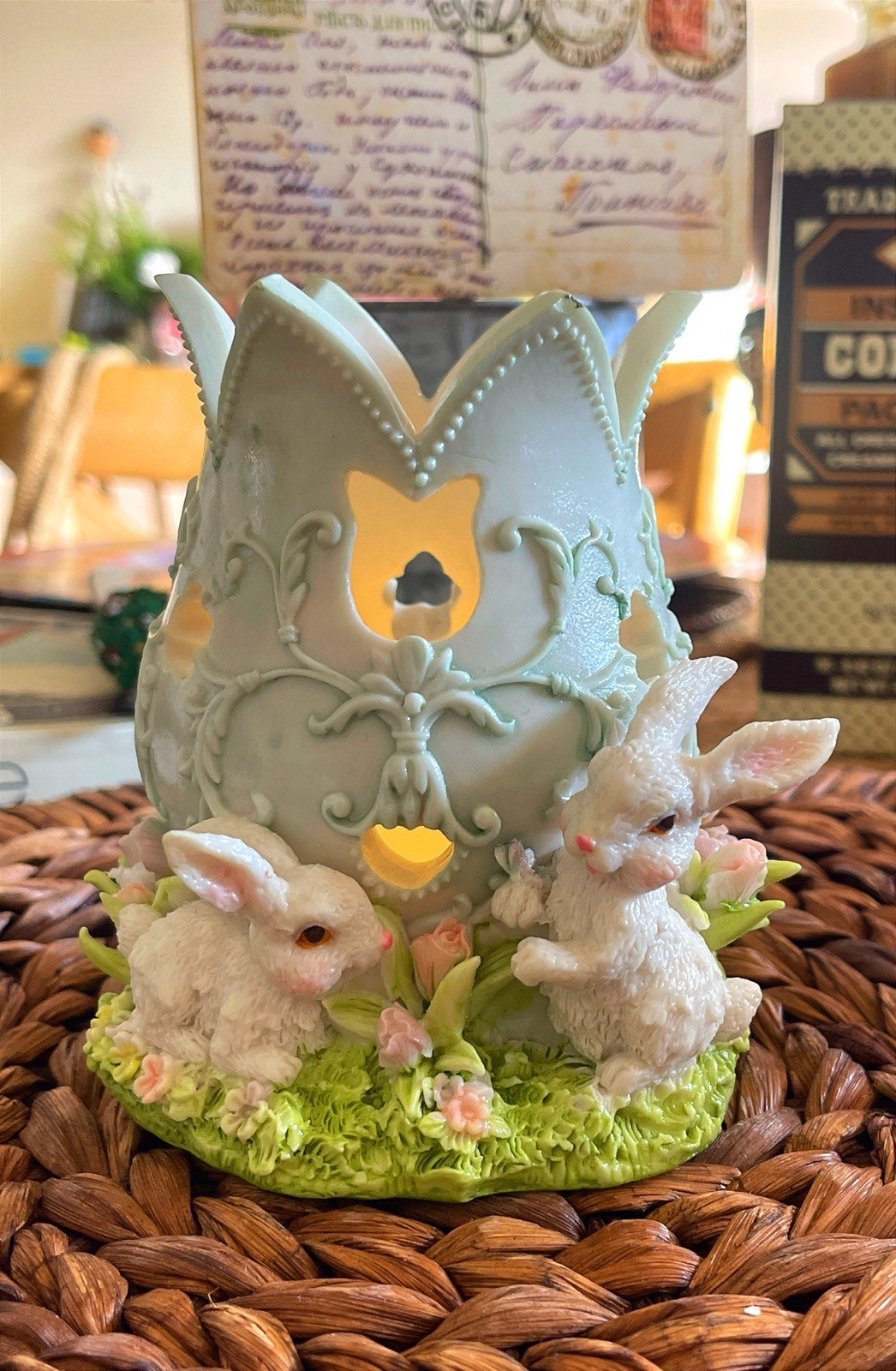 Vintage Easter Egg Candle Holder with Spring Garden and Baby Bunnies Vintage Easter Egg Candle Holder with Spring Garden and Baby Bunnies