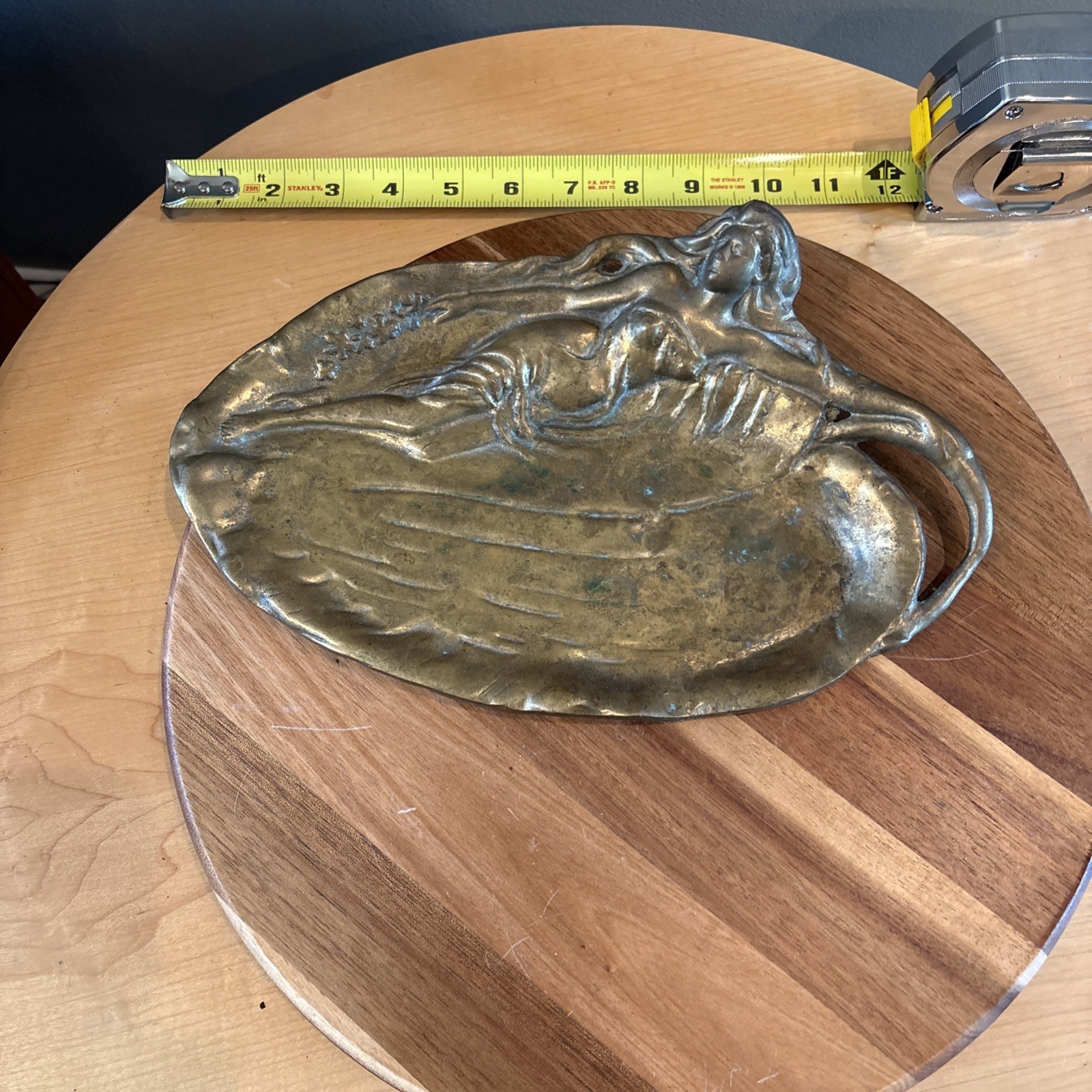 antique bronze Art Nouveau calling card tray -featuring Nymph.