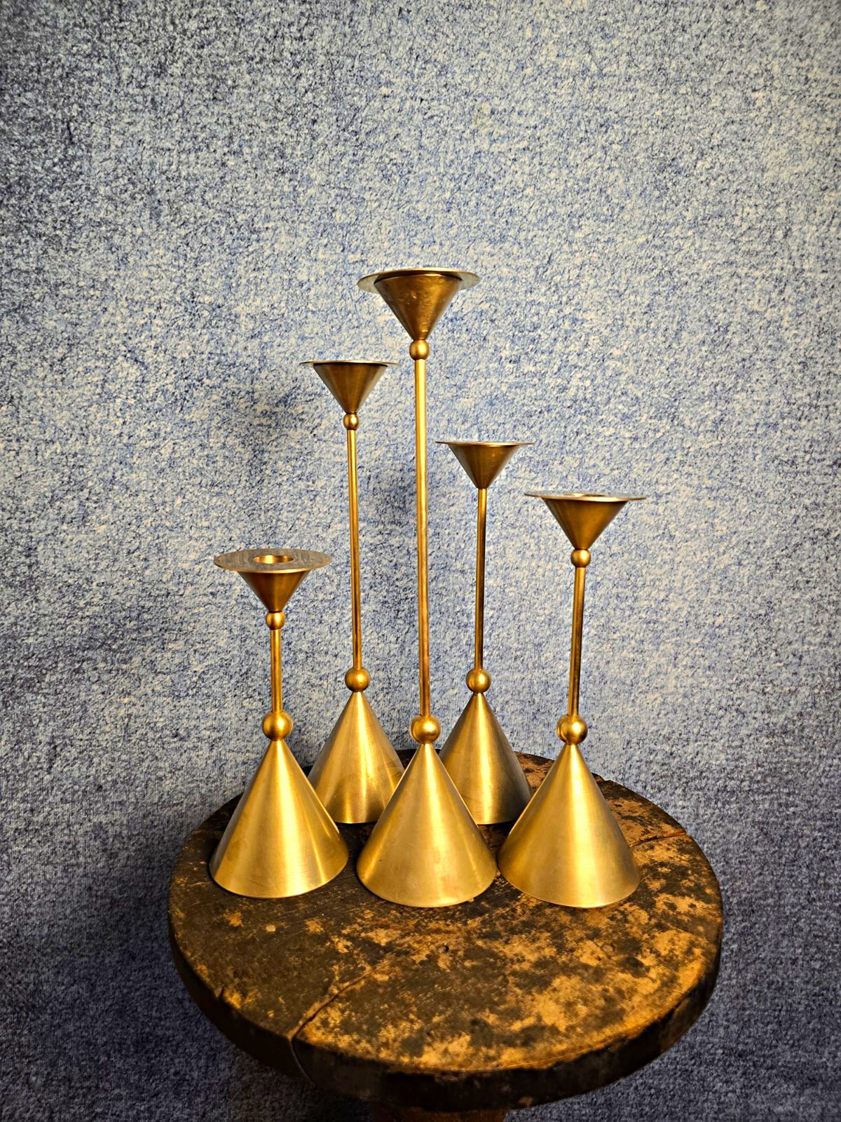 Vintage Silvestri Brass Candlesticks Set of 5 Graduated Geometric 
