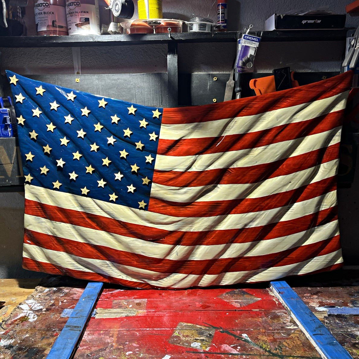 Wooden  Hand Carved and Painted hanging wall flag
