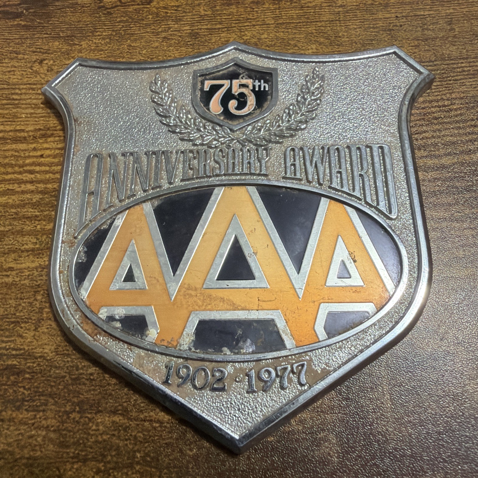 AAA 75th Anniversary Award 1902-1977 Silver Toned Adhesive Car Badge Automobile