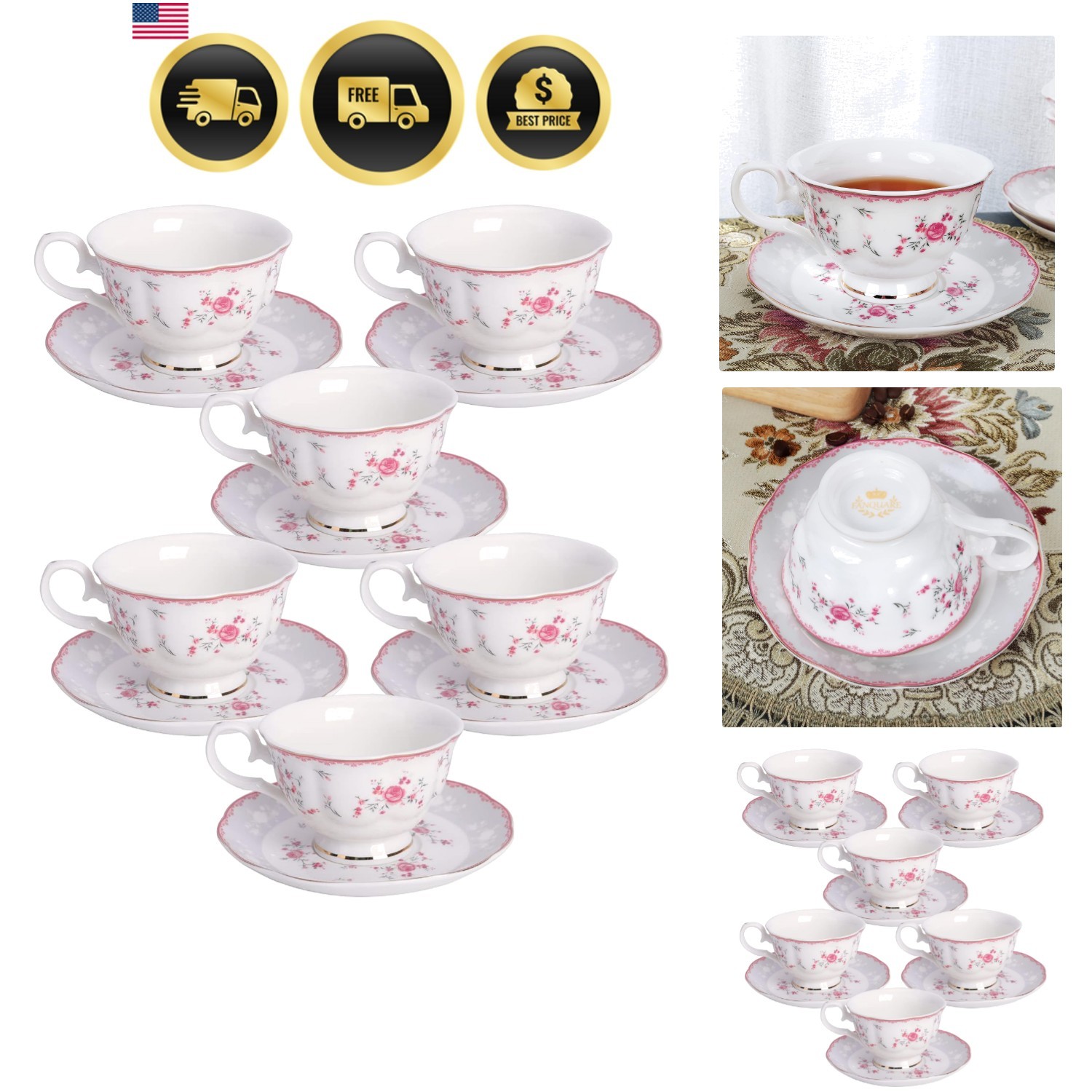 5oz Vintage Pink Rose Porcelain Tea Cup and Saucer Set for 6 5oz Vintage Pink Rose Porcelain Tea Cup and Saucer Set for 6