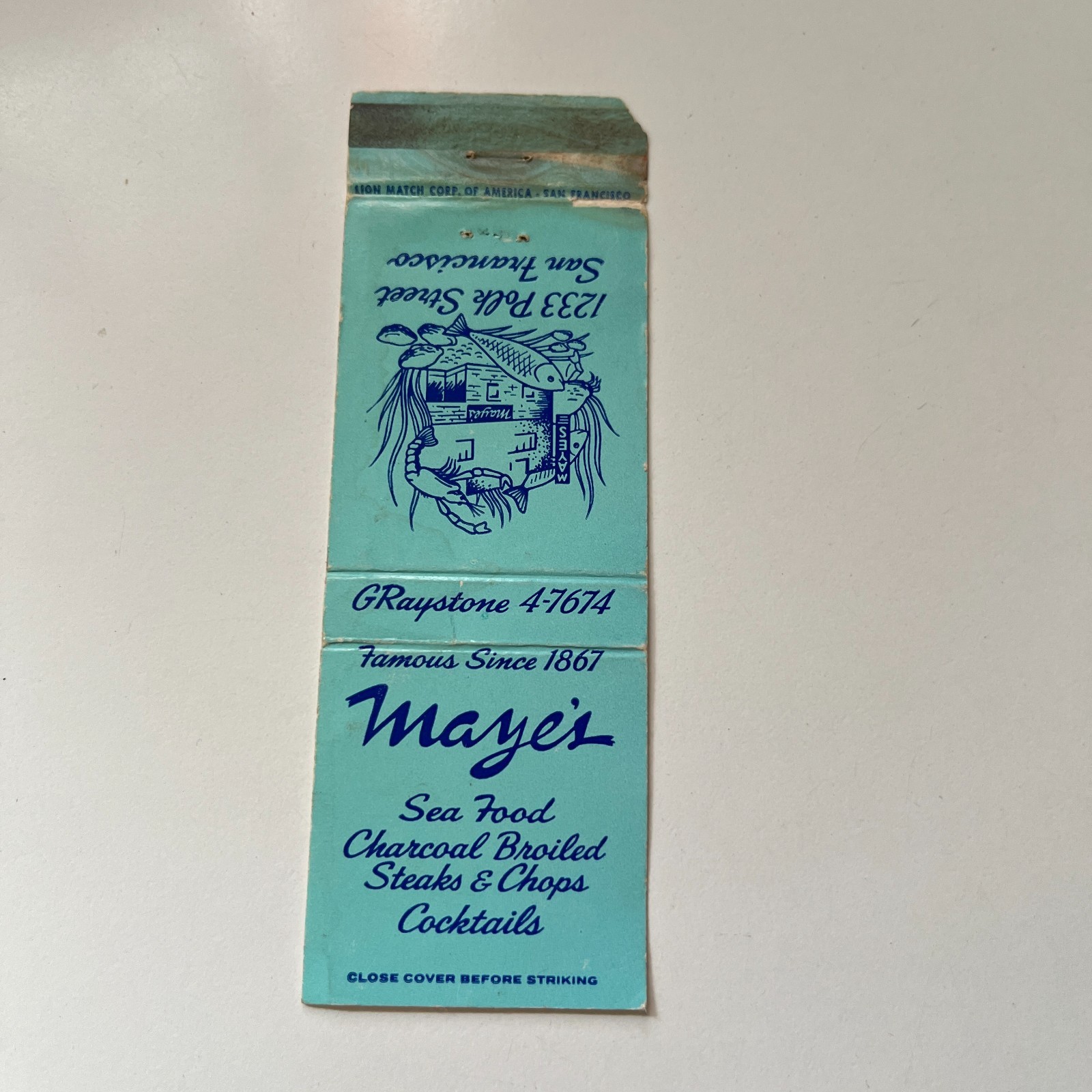 Maye\'s Sea Food Famous Since 1867 San Francisco Vintage Matchbook Cover TMB71-5