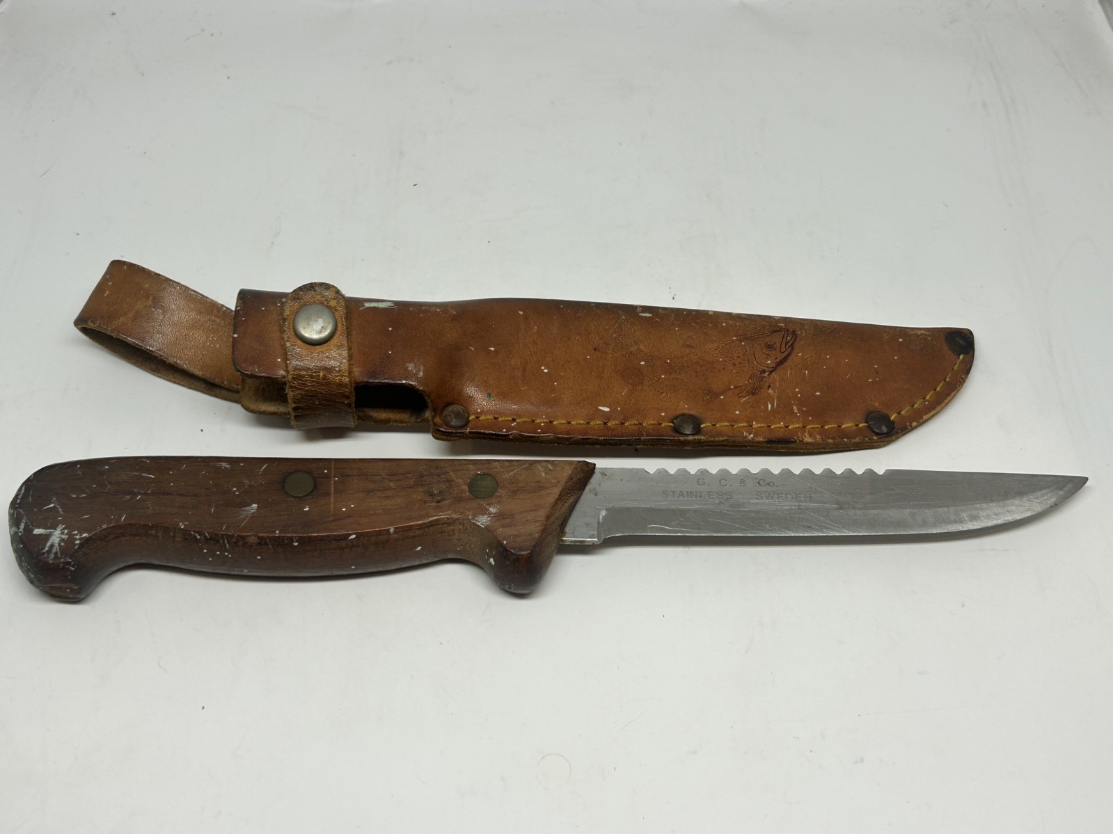 Vintage G.C. & Co. Swedish Fish Scaler Knife Custom Trout Stamped Leather Sheath Vintage G.C. & Co. Swedish Fish Scaler Knife Custom Trout Stamped Leather Sheath