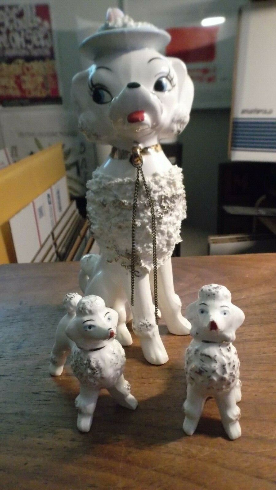 RARE Chained White Poodle Puppy Dog Spaghetti Porcelain Figurine w/ ONE PUP .
