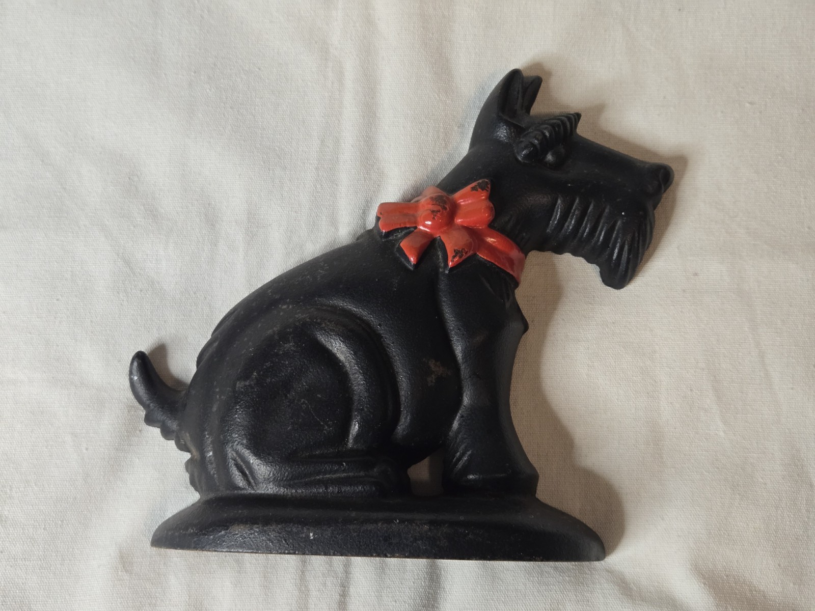 Vintage Cast Iron Black Scottie Dog Door Stop w/ Red Bow, 7
