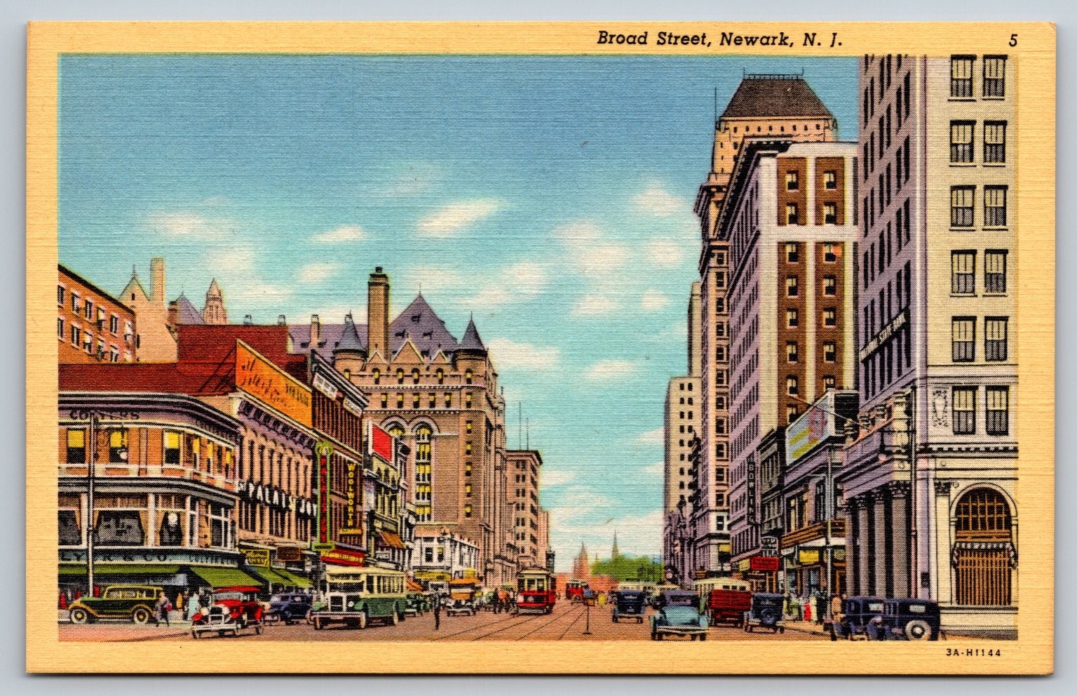 Broad Street Newark NJ Postcard 1933 Old Cars Trolley Busses Busy Street View