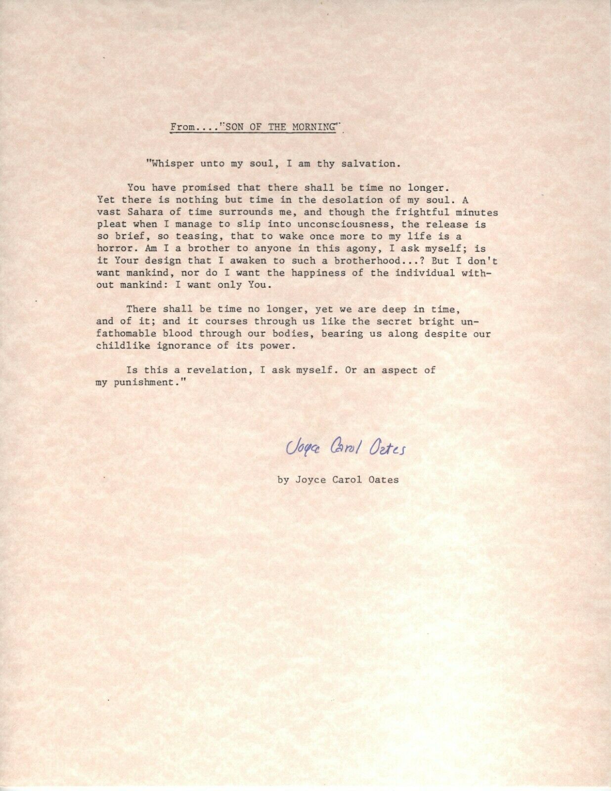 SCARCE JOYCE CAROL OATES SIGNED VERY RARE 8.5X11 PAPER SON OF THE MORNING