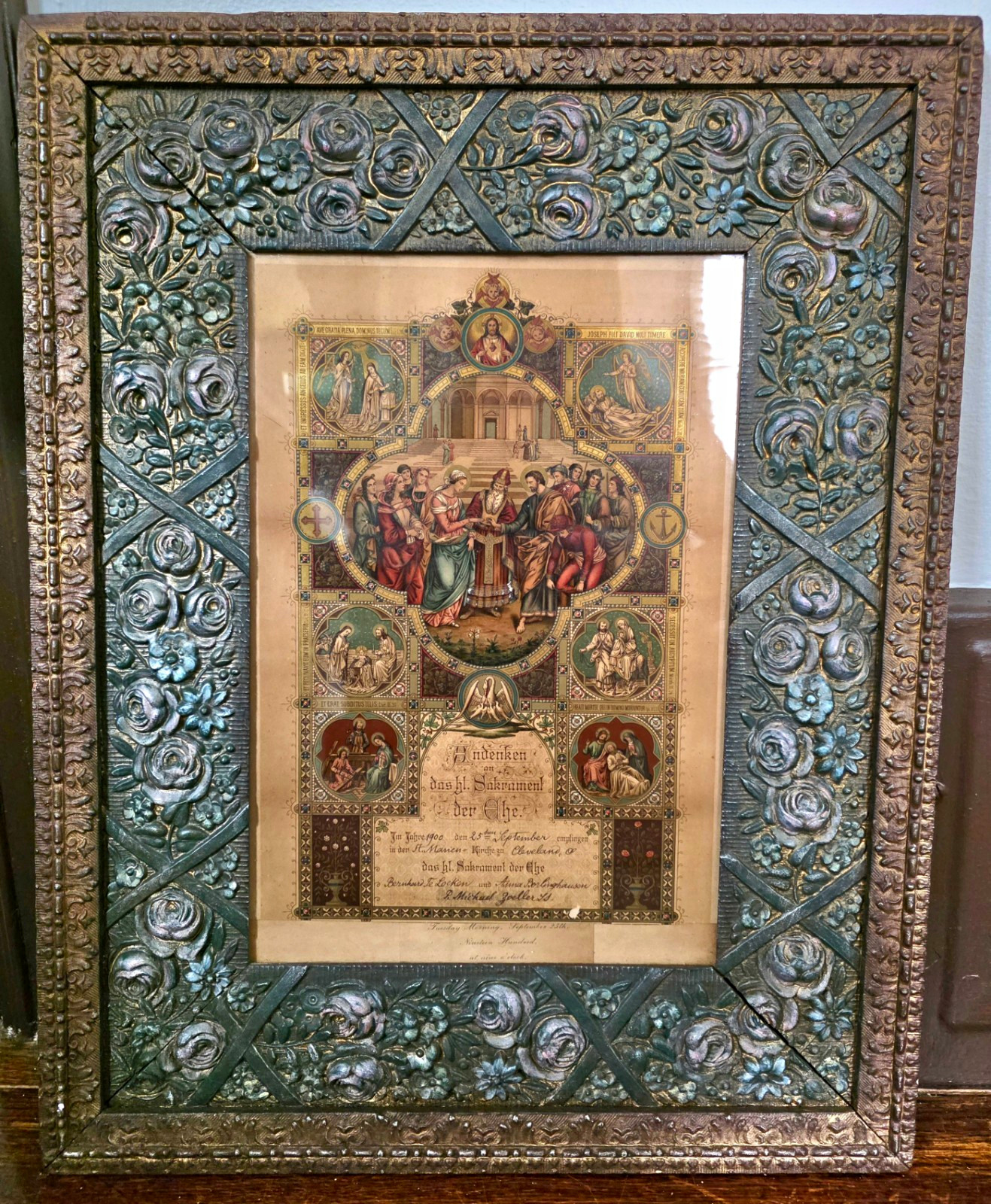 Antique 1900 German Catholic Marriage Certificate Framed Cleveland OH St Mary's