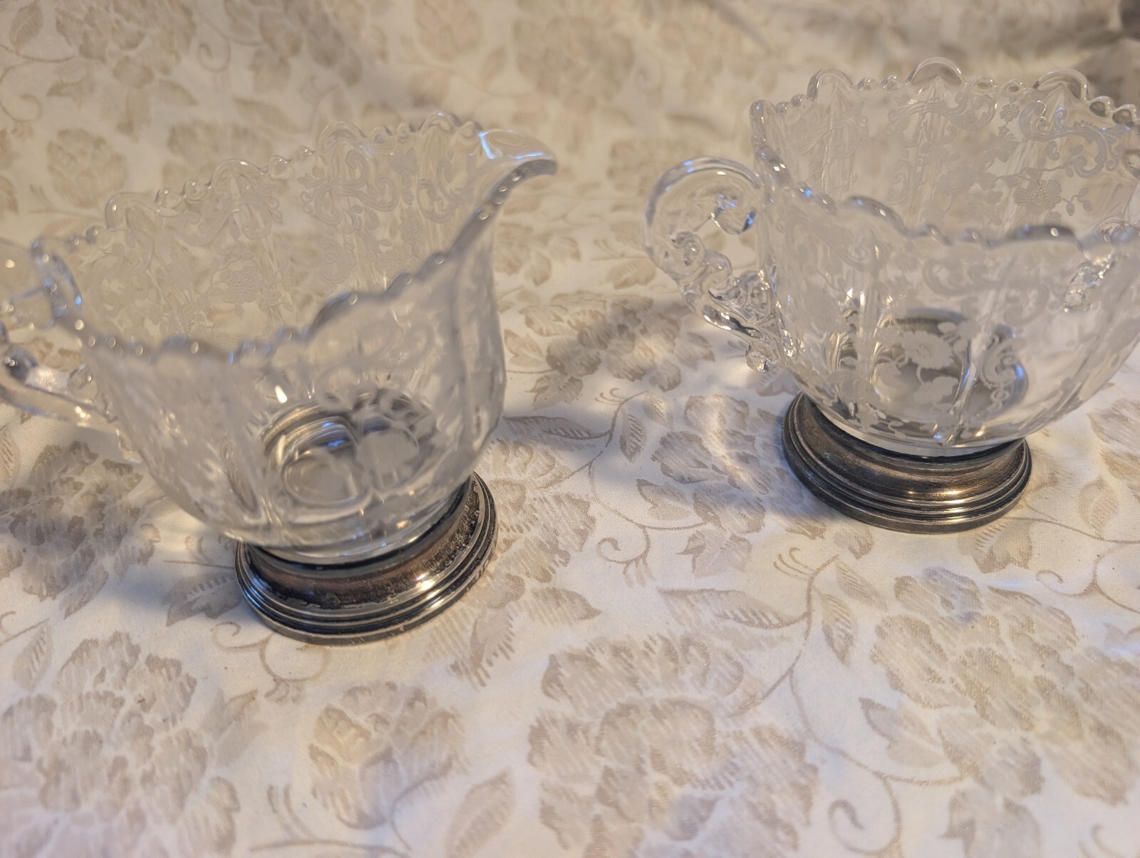 Vintage Etched Glass Creamer and Sugar Bowl Set with Sterling Silver Bases Vintage Etched Glass Creamer and Sugar Bowl Set with Sterling Silver Bases