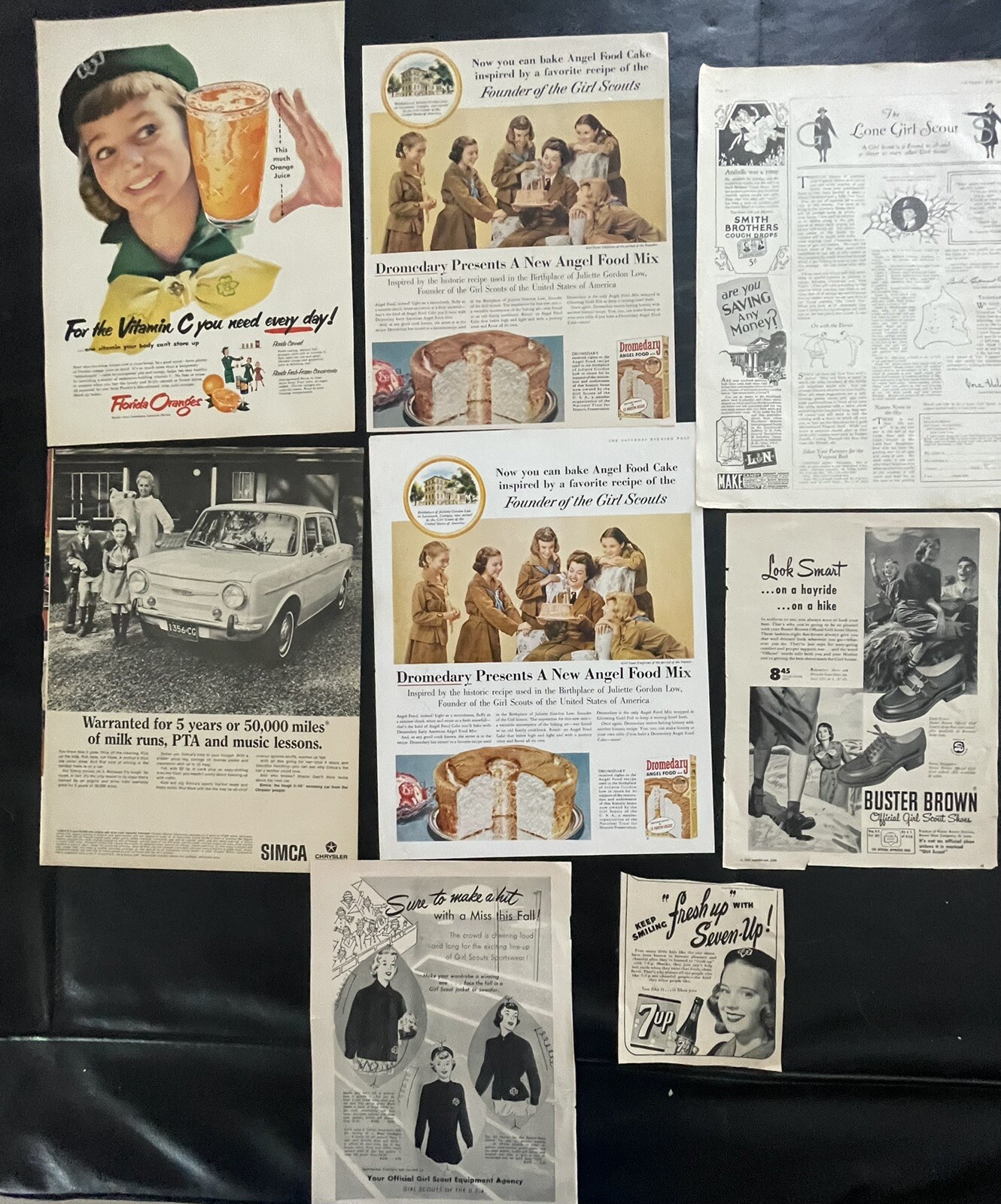 8 Vintage Girl Scout ADS-SIMCA-LONE GIRL SCOUT-DROMEDARY-OJ-BUSTER BROWN-7 UP 8 Vintage Girl Scout ADS-SIMCA-LONE GIRL SCOUT-DROMEDARY-OJ-BUSTER BROWN-7 UP