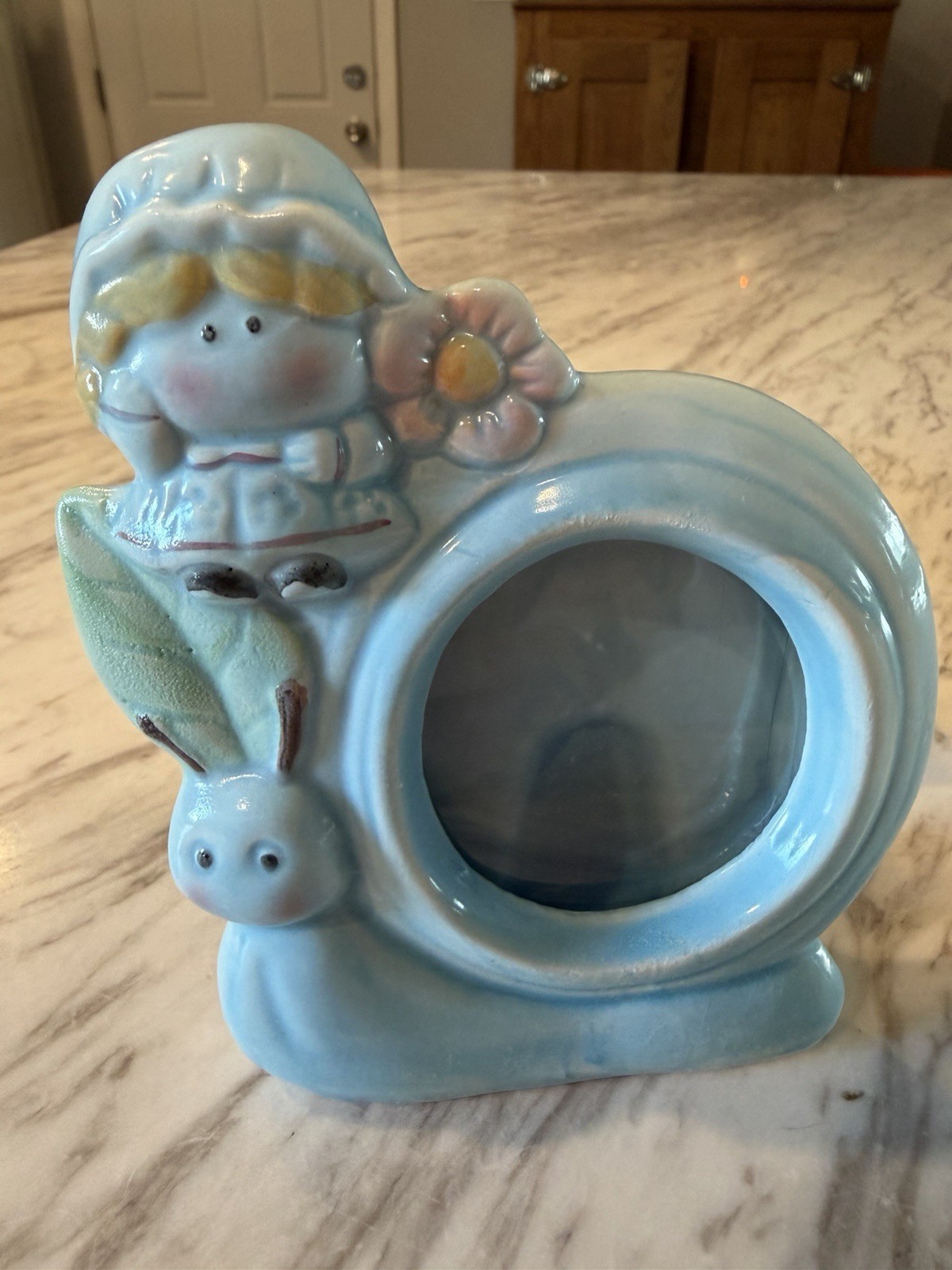 Vintage 1970s Ceramic Picture Frame Little Girl on Snail Decor w/ Box NOS