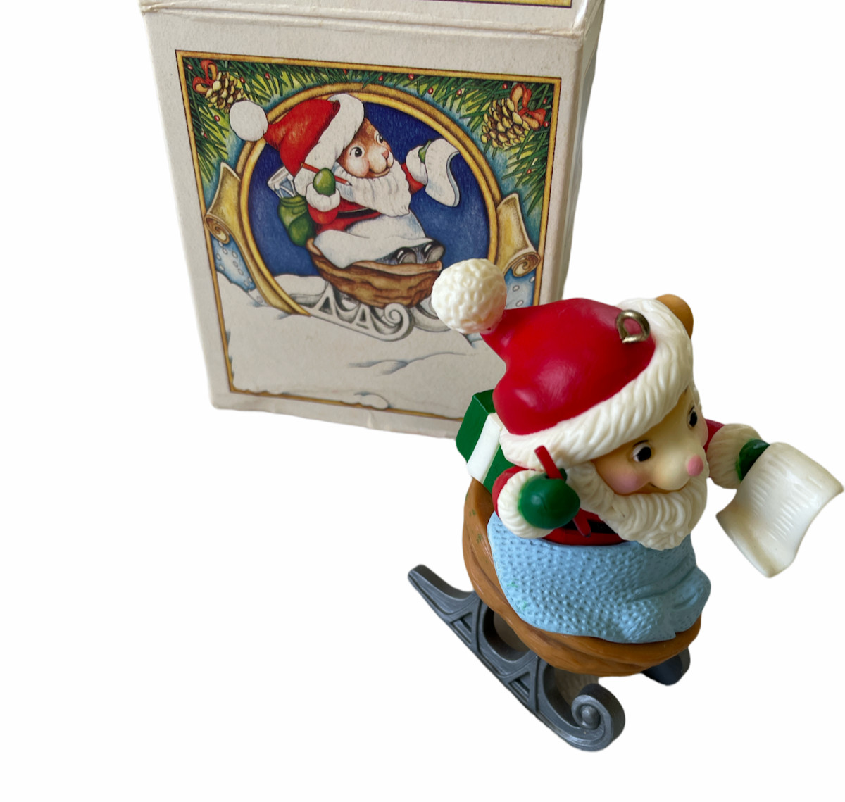 Cute - VTG Avon Melvin P Merry Mouse walnut sled Ornament 1983 Christmas + box
