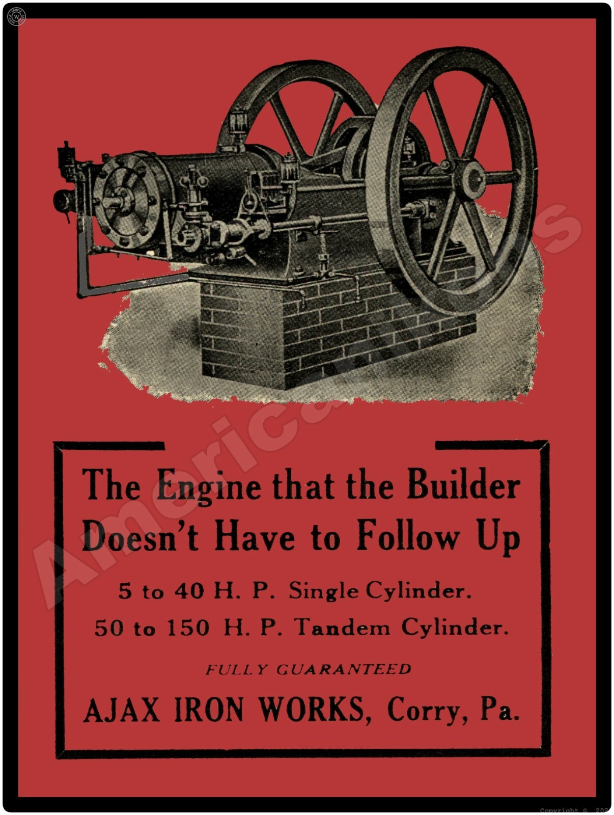 1910 Ajax Iron Works Gas Engines New Metal Sign: Large Size - 12 x 16