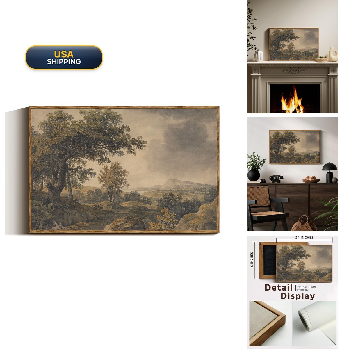 VIYYIEA Vintage Framed Canvas Wall Art 16x24in Antique Tree Mountain European