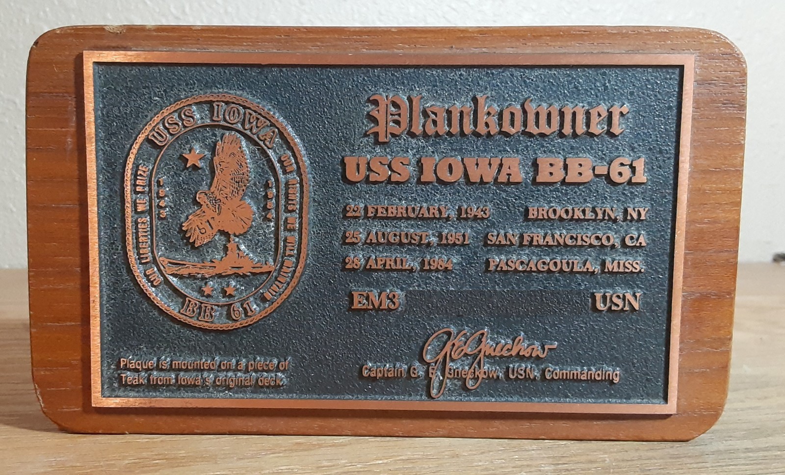 USS Iowa plankowner teak deck plank plaque USS Iowa plankowner teak deck plank plaque