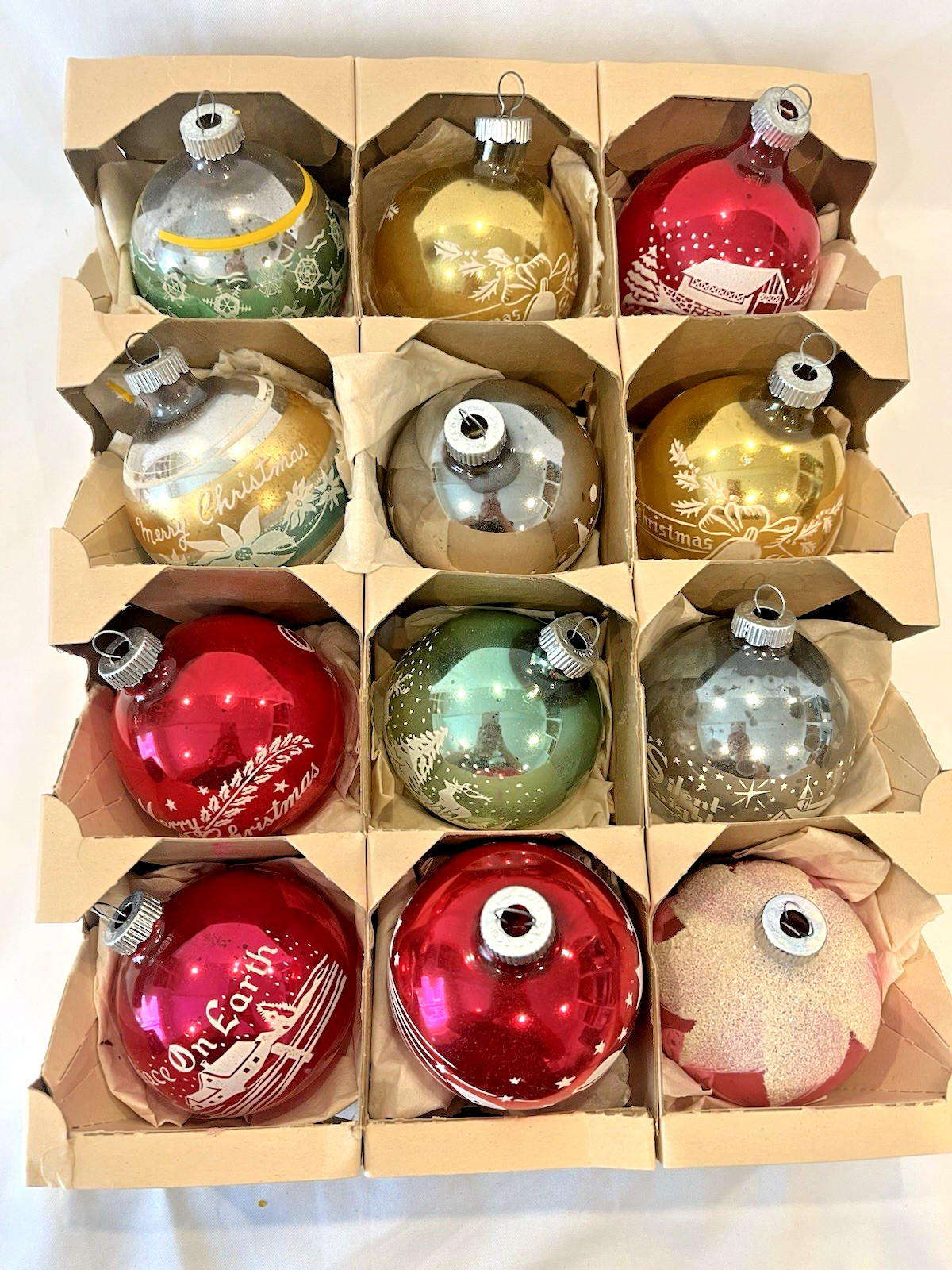 12 Vtg 1950s Shiny Brite Printed Scenes Words Frosted Christmas Ornament Box