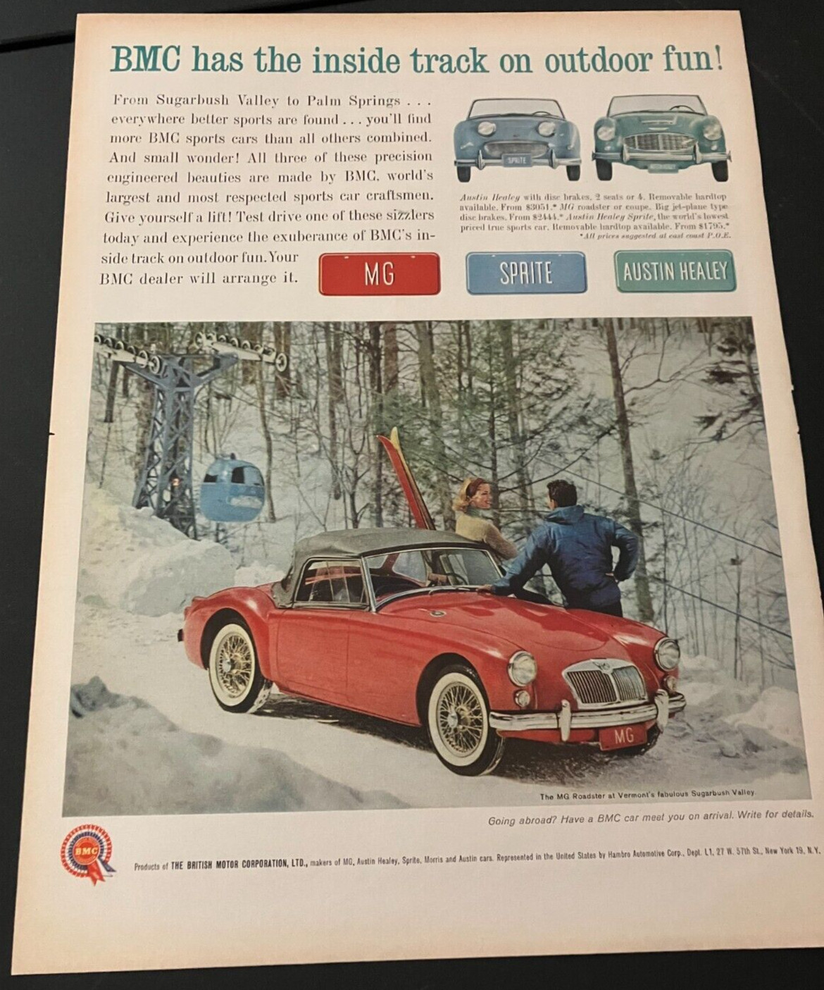 1961 BMC MG Roadster in Sugarbush Valley - Vintage Original Print Ad / Wall Art