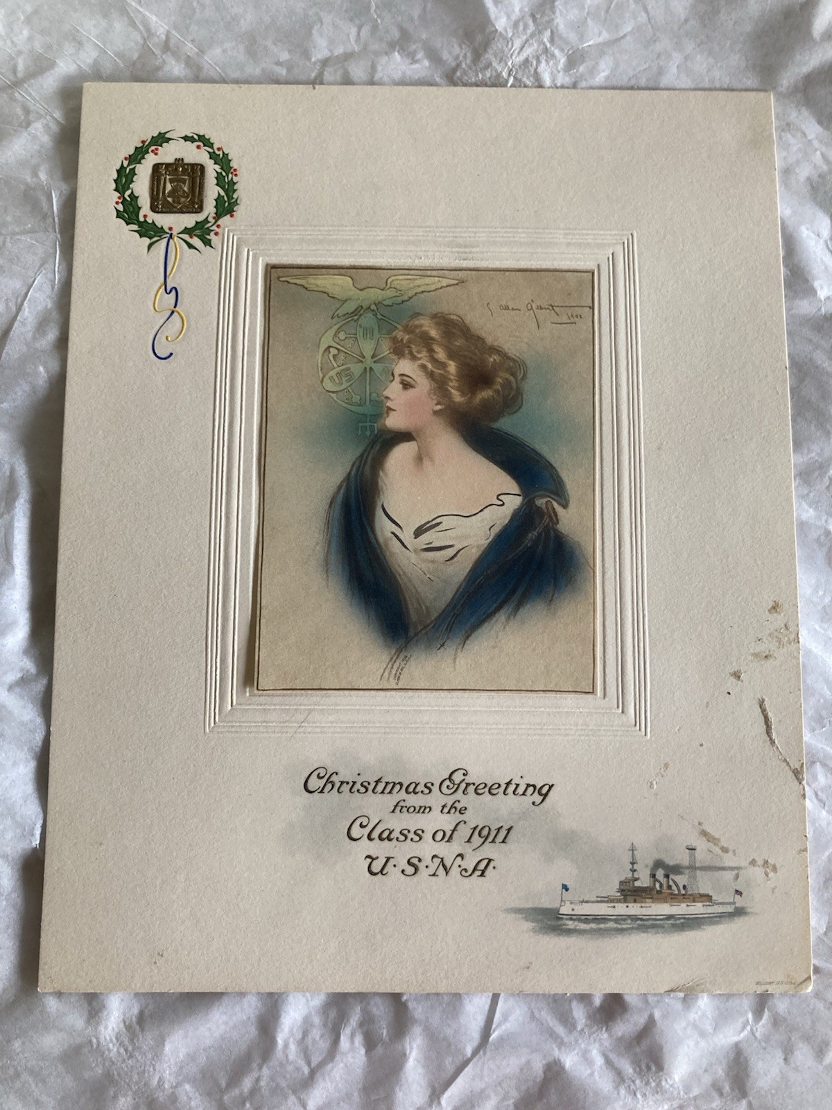 Antique U.S.N.A Class Of 1911 Christmas Greeting With Gold Embossing In Corner Antique U.S.N.A Class Of 1911 Christmas Greeting With Gold Embossing In Corner