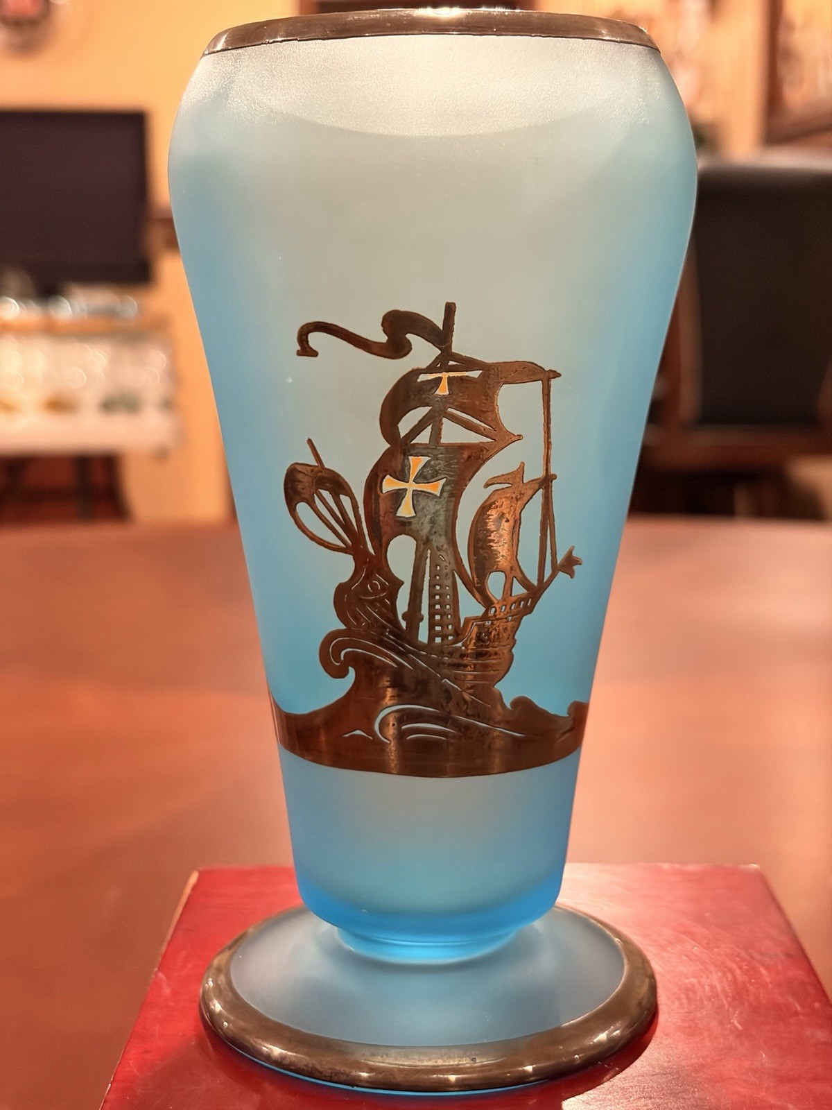 Vtg Tiffin Blue Satin Glass Dahlia Vase Rockwell Sterling Silver Sailing Ship 6” Vtg Tiffin Blue Satin Glass Dahlia Vase Rockwell Sterling Silver Sailing Ship 6”