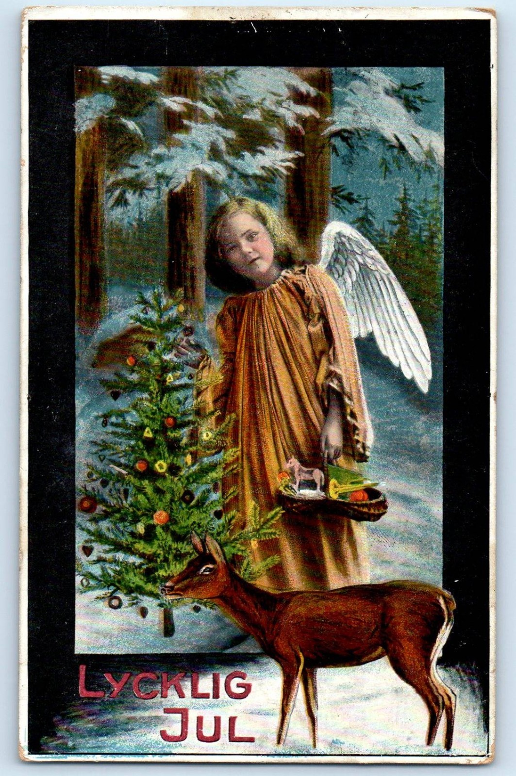 c1910\'s Christmas Angel And Deer With Christmas Tree Winter Scene Postcard c1910\'s Christmas Angel And Deer With Christmas Tree Winter Scene Postcard