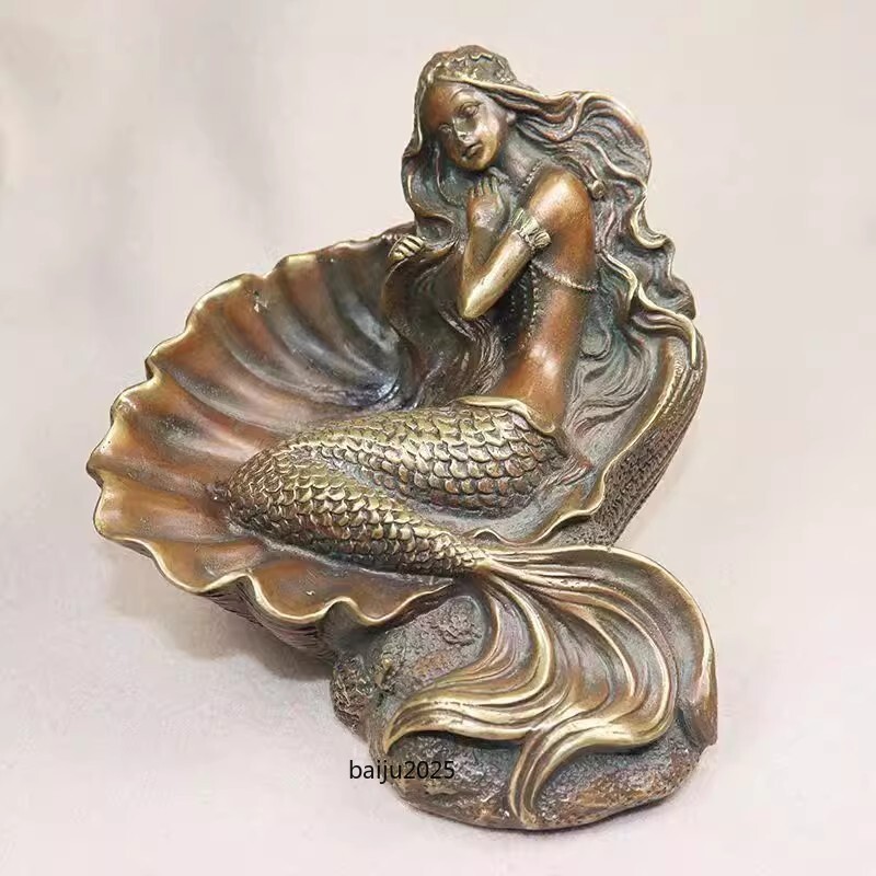 Brass Mermaid Statue Girl Ashtray Sculpture Home Table Decor