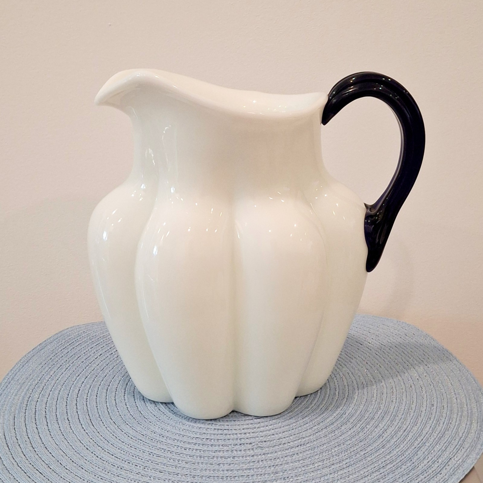 Rare 1930s Morgantown Alabaster Uranium with Ritz Blue Handle Melon Pitcher 