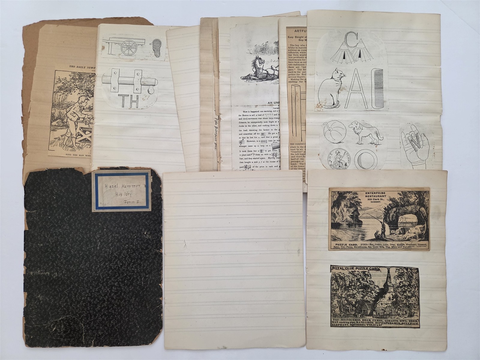 c1890 antique PUZZLE SCRAPBOOK by HAZEL HAMMER magic tricks rebus hidden picture