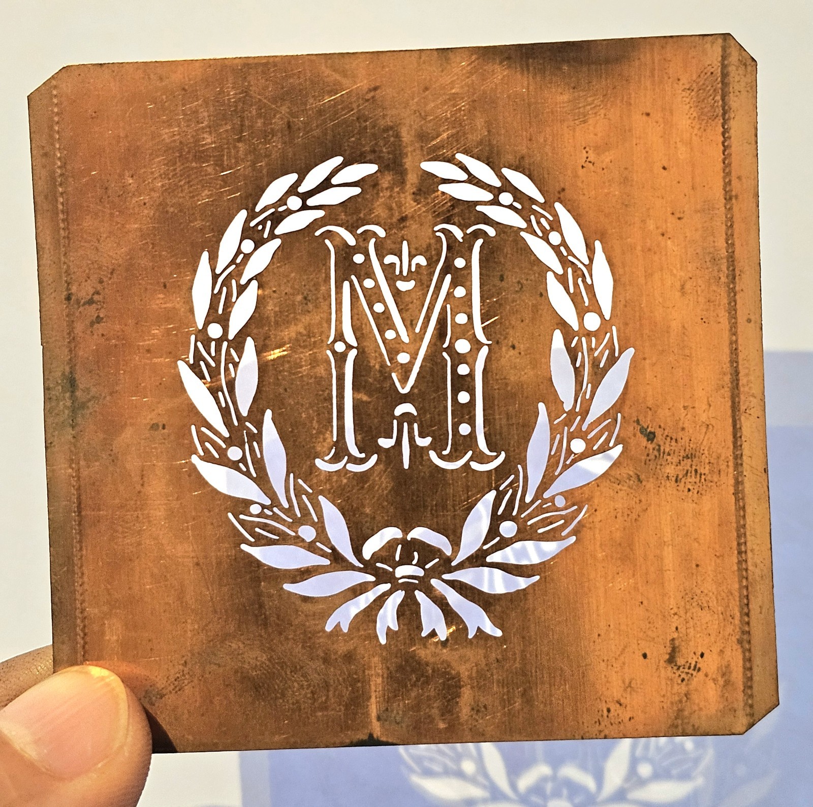 Antique Copper Monogram Stencil Letter M – Ornate Alphabet Plate c.1880–1920 M3