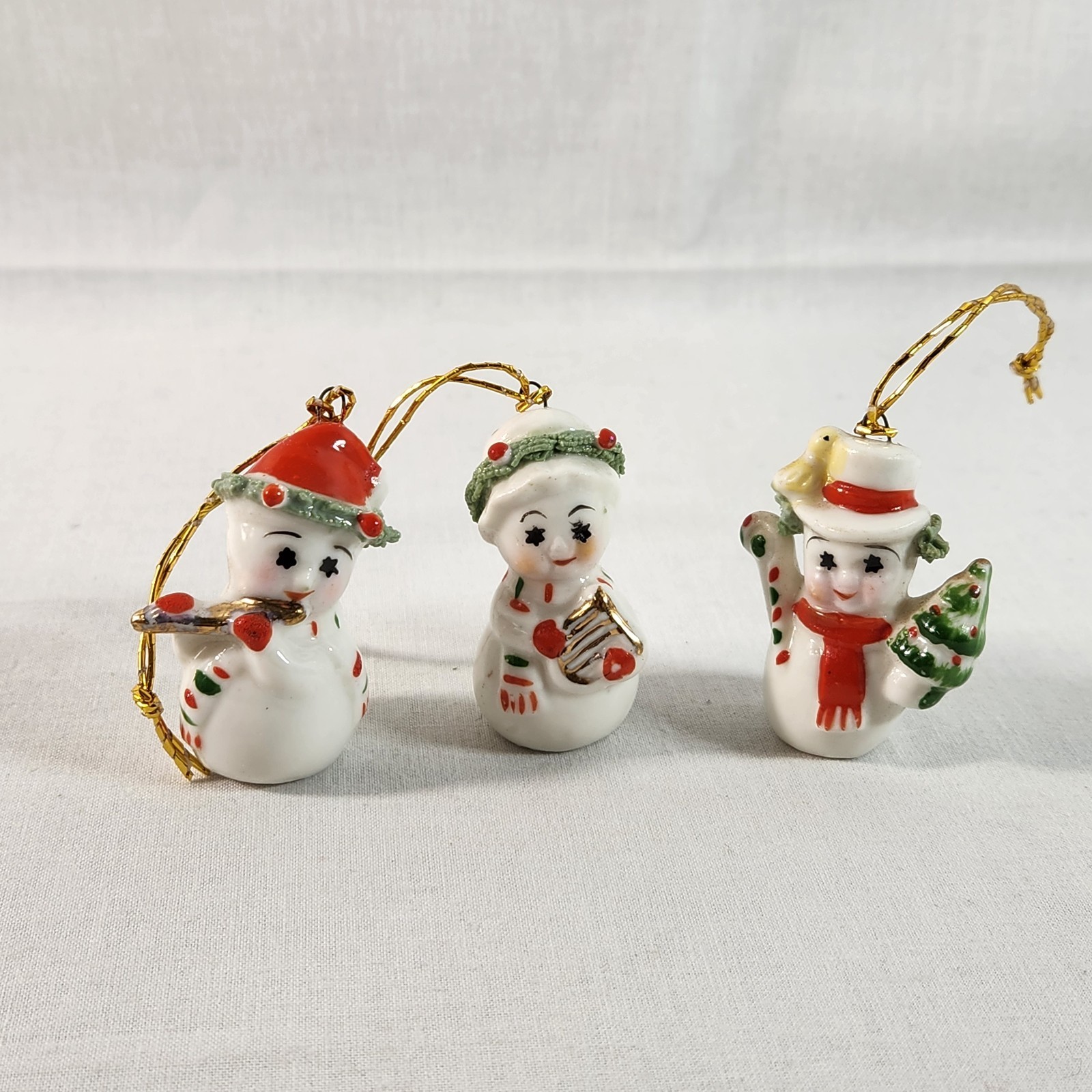 VTG Napco Spaghetti trim Snowmen 3 Pc Frosty Tree Harp Flute Ornament Figures VTG Napco Spaghetti trim Snowmen 3 Pc Frosty Tree Harp Flute Ornament Figures