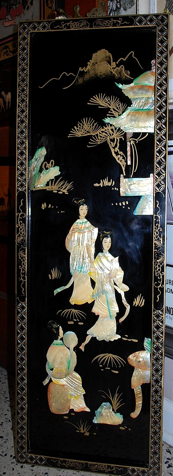 Vtg Asian GEISHAS Japanese BLACK LACQUER MOTHER OF PEARL Wall Art Panel 36”x12”