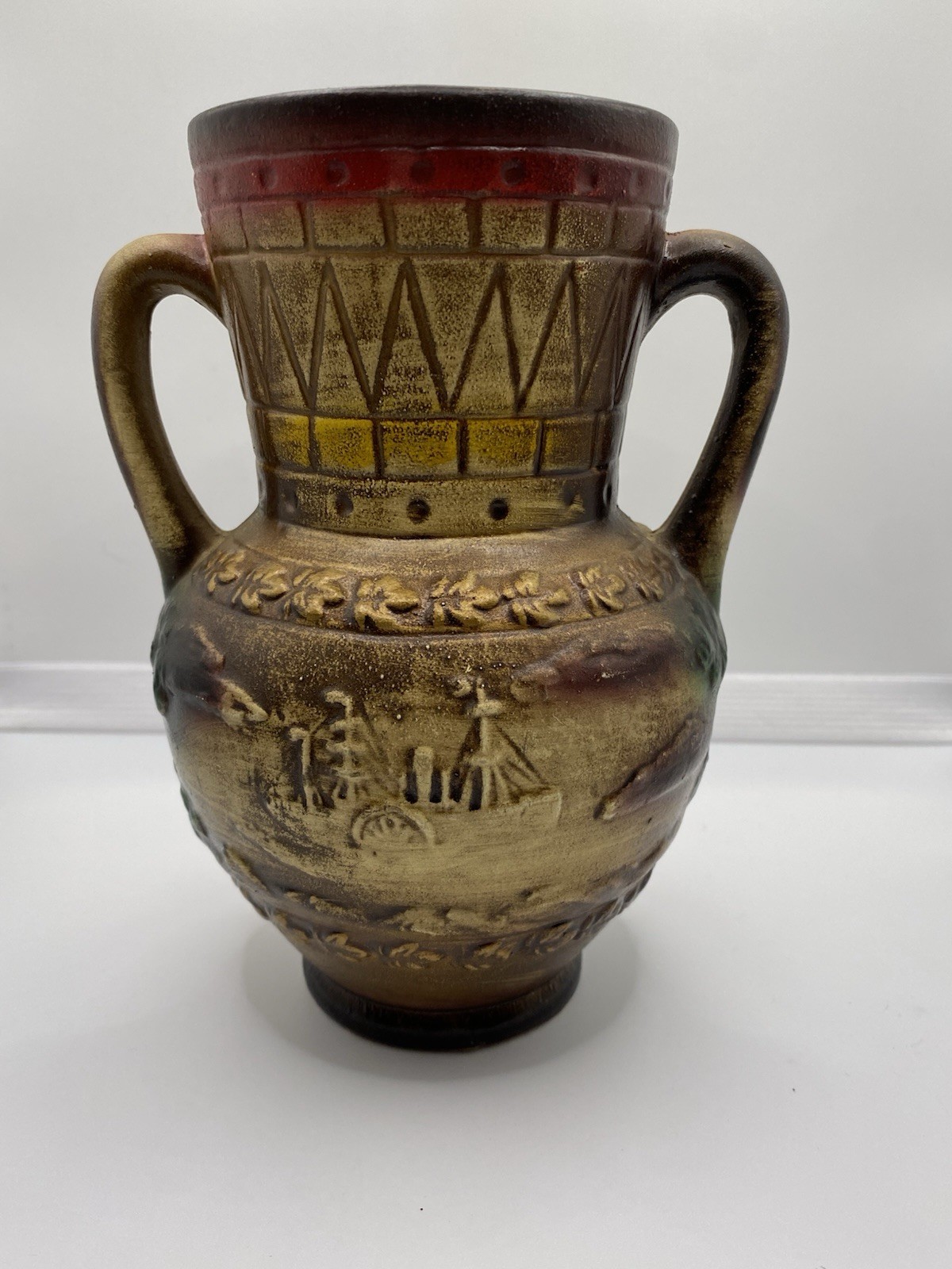 Norleans Japan Vintage Pottery Vase Double Handle Mother Daughter Sailboat 7\