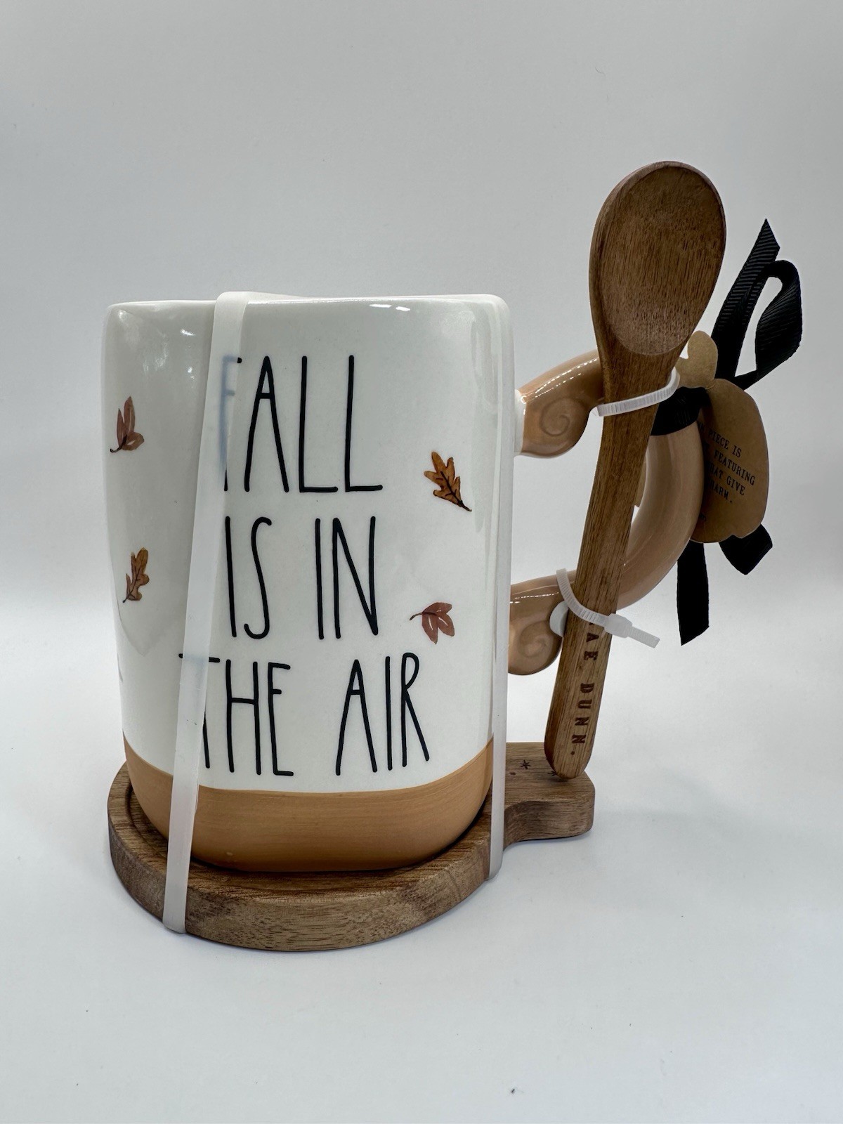 Rae Dunn Seasonal Leaves Ceramic Mug ‘FALL IS IN THE AIR’ w/ Wood Spoon