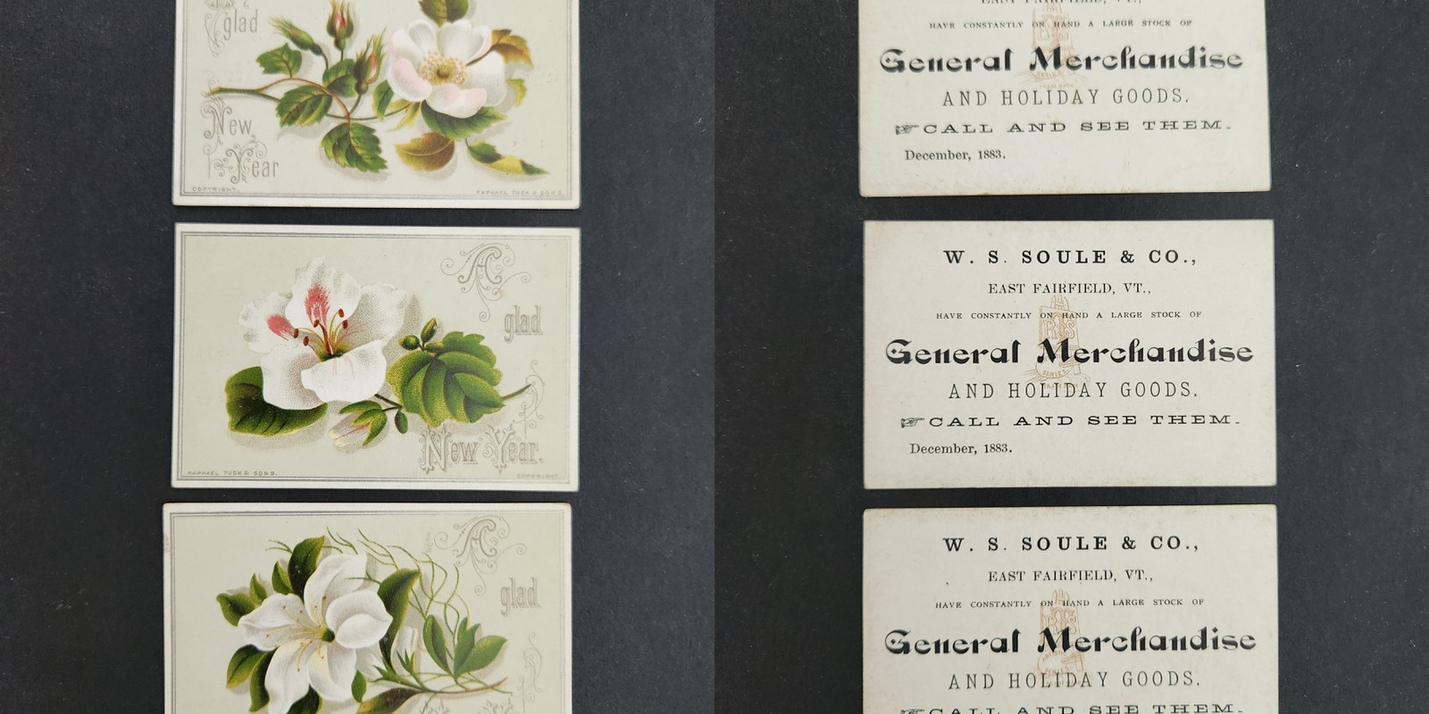 1883 antique W S SOULE & CO east fairfield vt STORE GEN MERCH ad trade card set 1883 antique W S SOULE & CO east fairfield vt STORE GEN MERCH ad trade card set