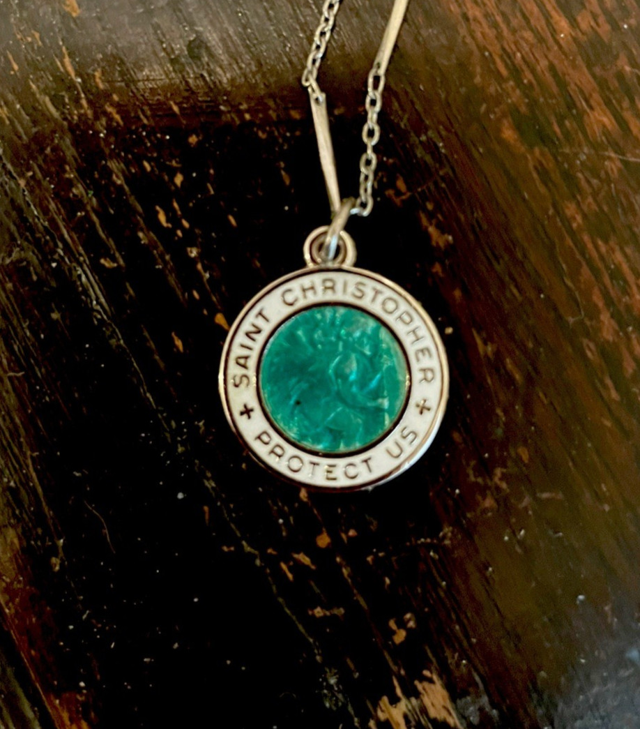 Sterling Silver tiny Green White Enamel Saint Christopher medal W Chain VTG