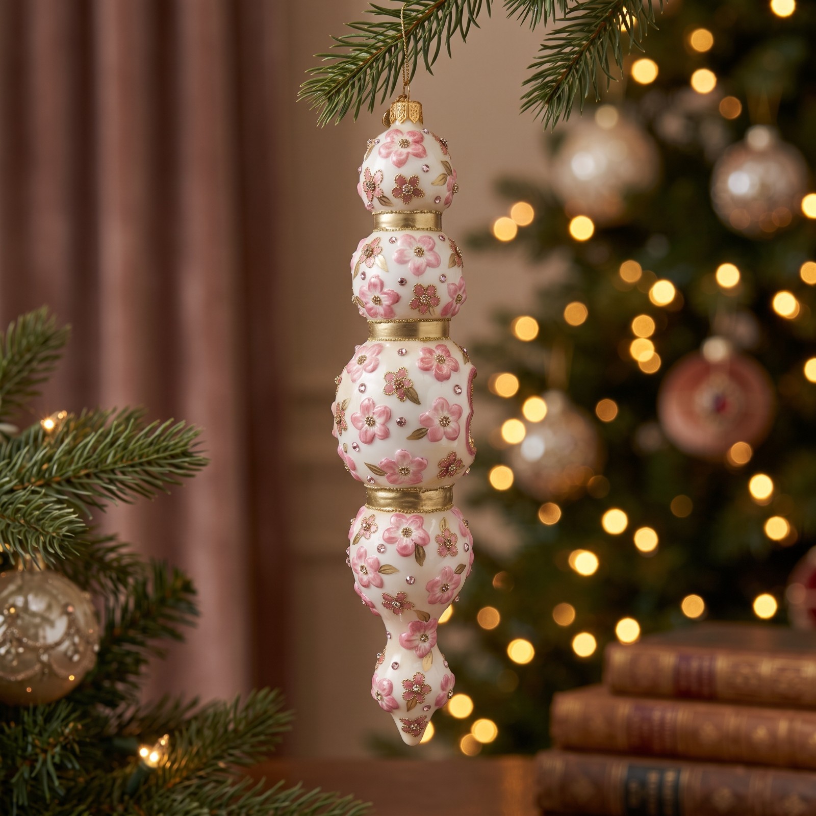 Jay Strongwater Pink Floral Icicle Glass Ornament SDH20161-250 Swarovski New
