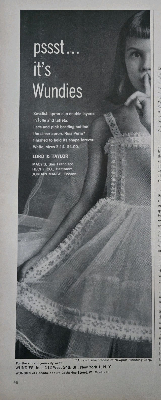 1957 GIrls Wundies Swedish Apron lace pink beading slip Vintage fashion ad