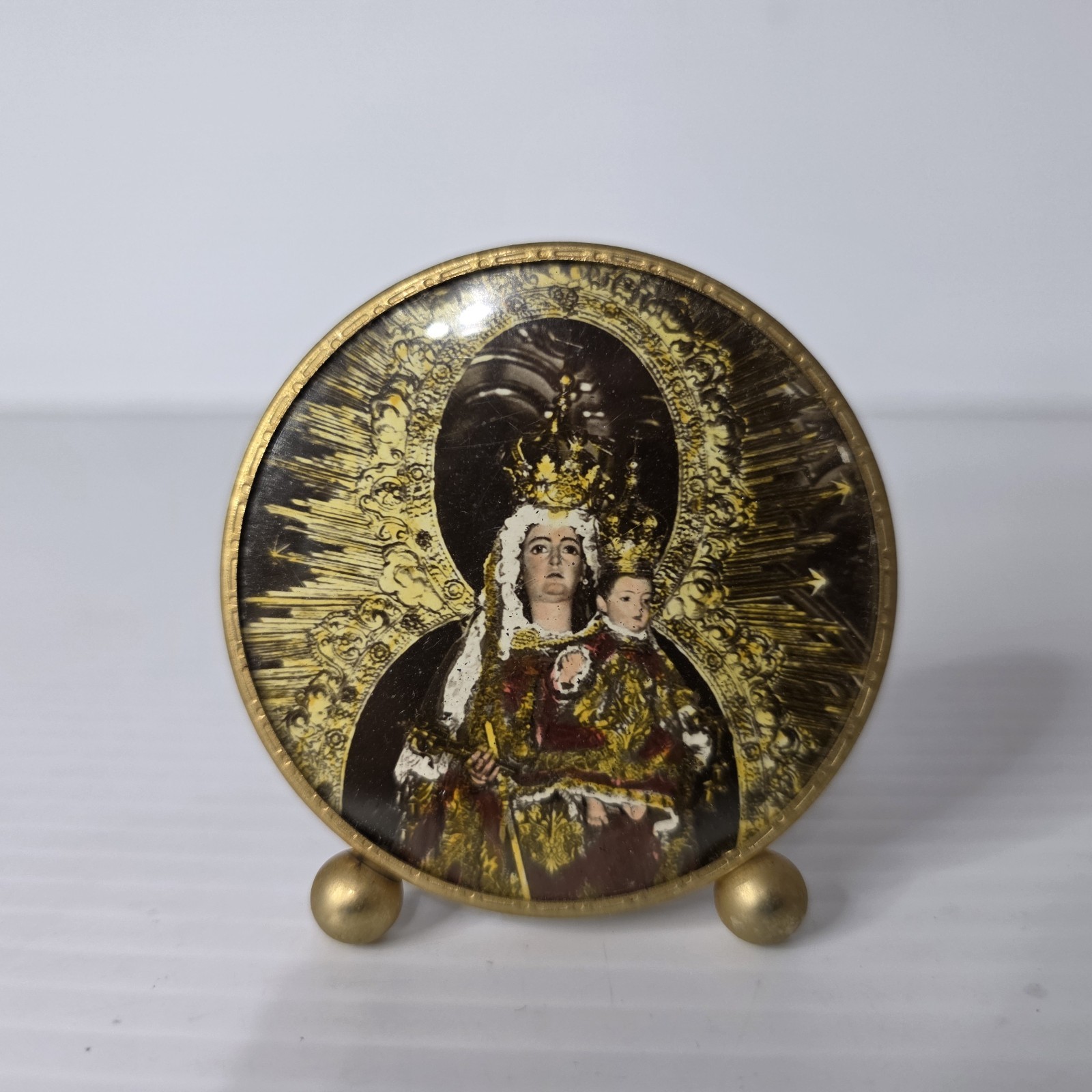 Vintage Our Lady Of Charity Pilar Virgin Mary Framed Print Circular Gold Tone 