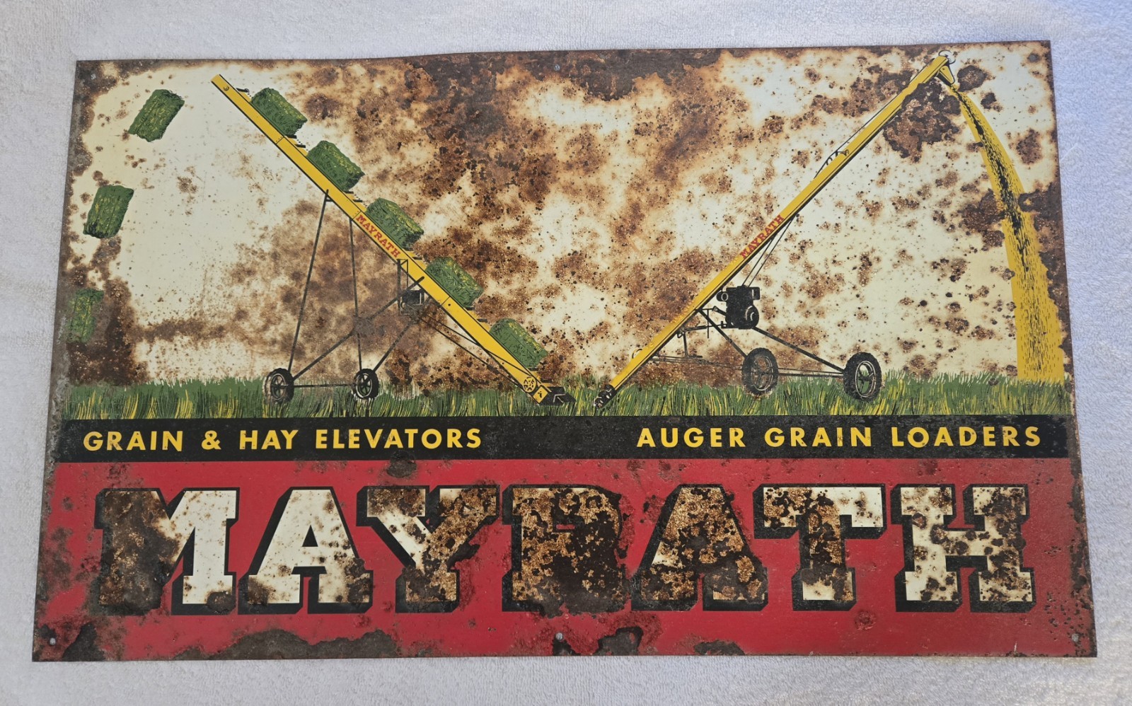 Vintage Mayrath Grain & Hay Elevators Auger Loaders Tin Advertising Sign