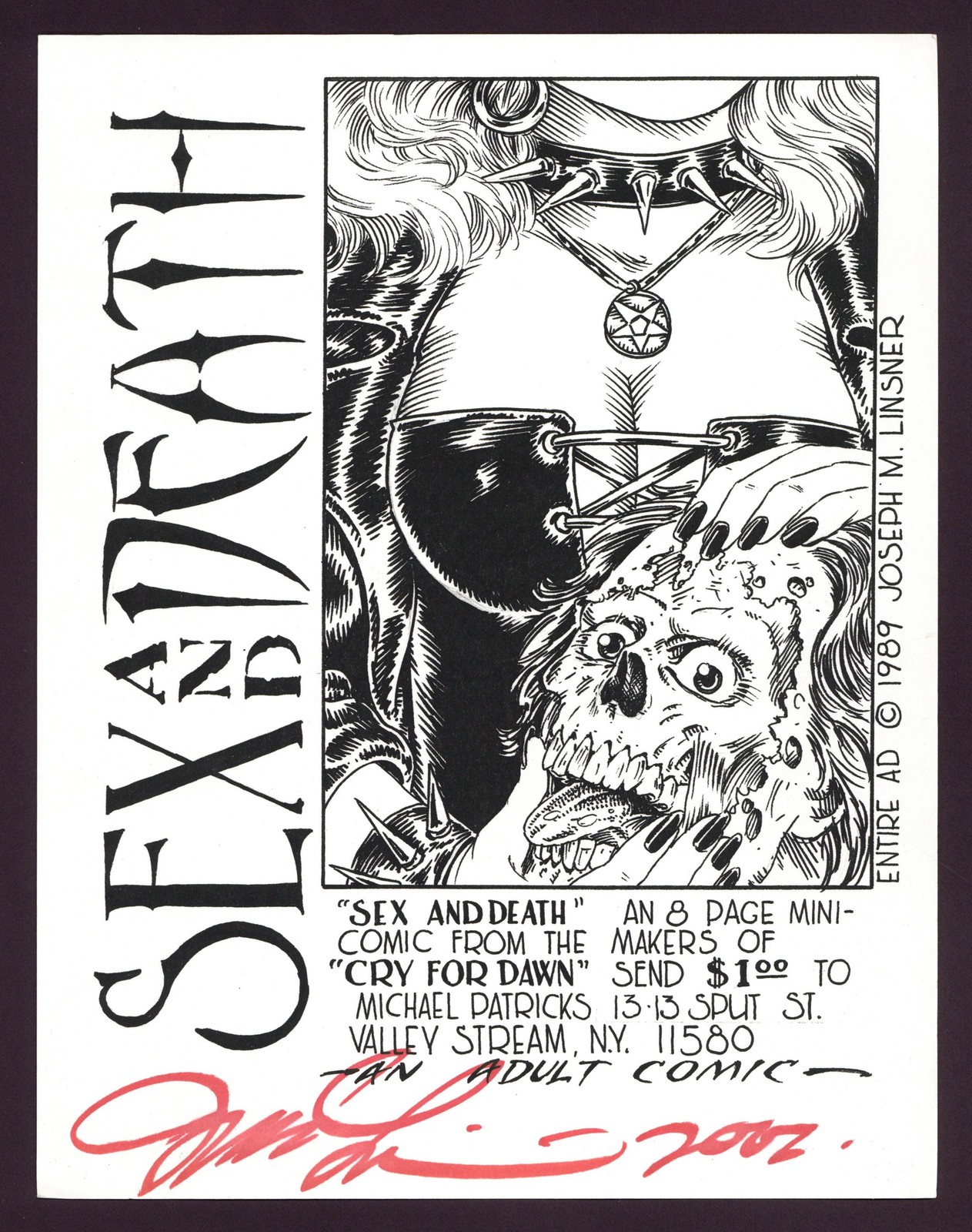 Sex and Death Signed Promotional Flyer (1989)
