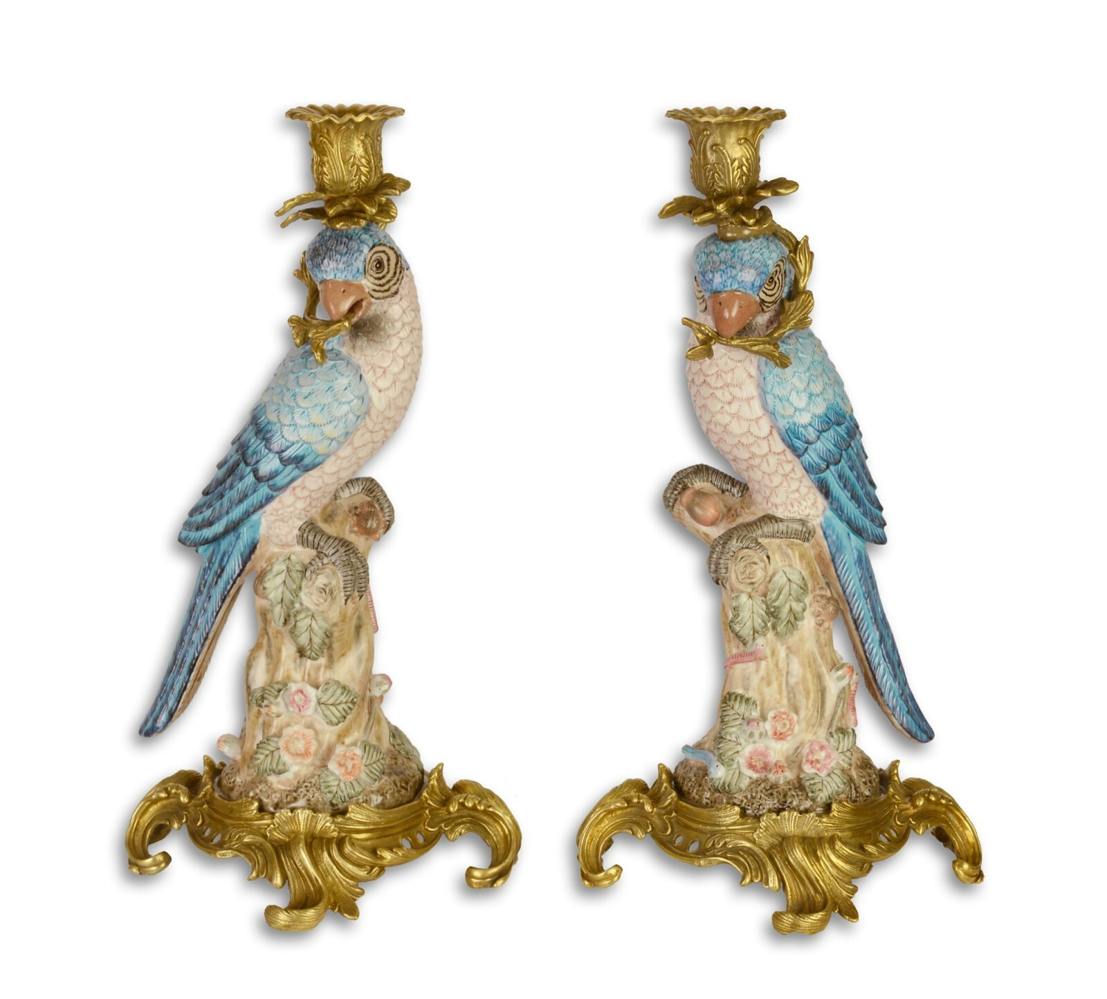 PAIR OF BRONZE MOUNTED PORCELAIN PARROT CANDLE HOLDERS NEW FIGURE Candlesticks