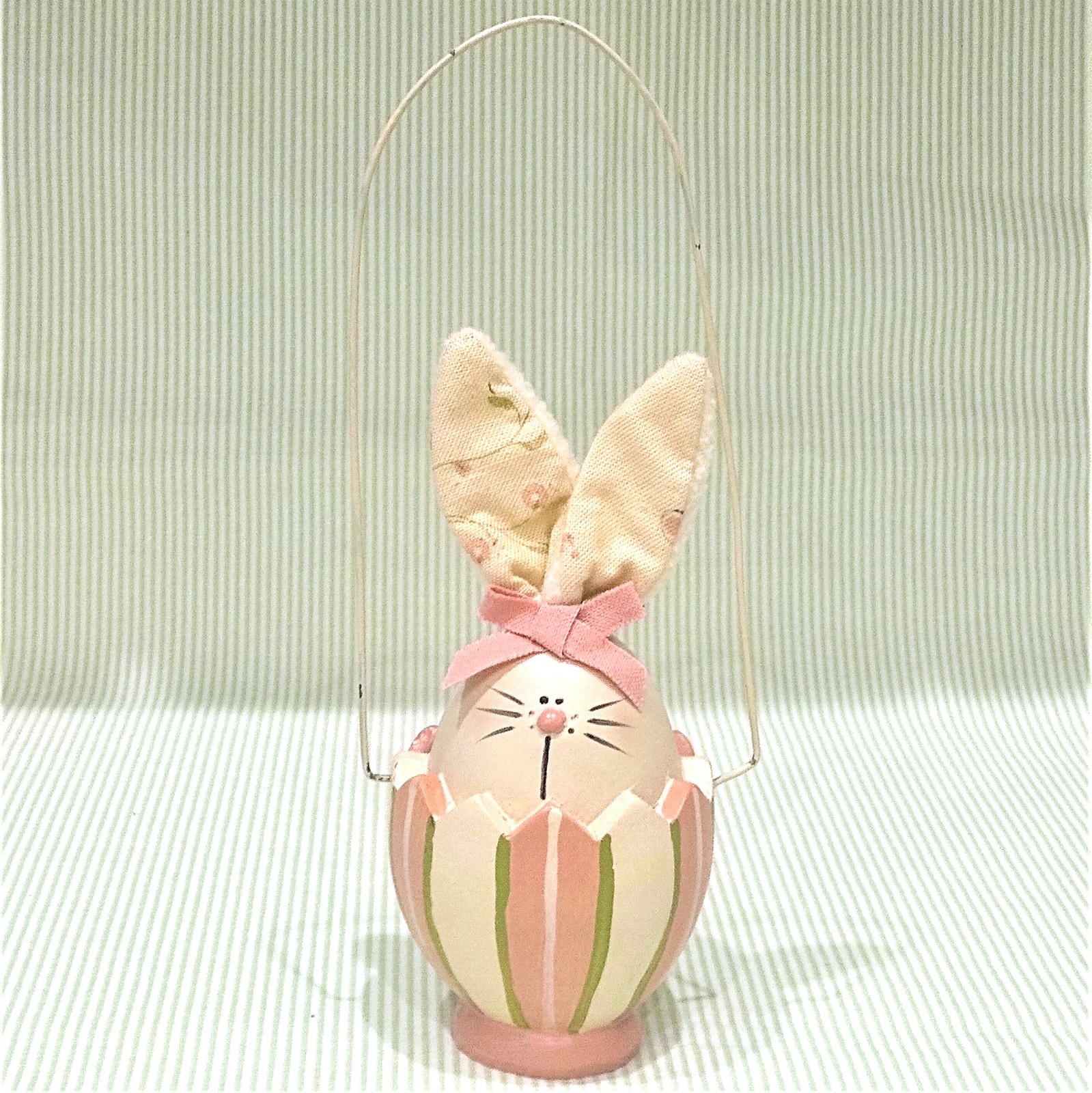 Easter Decor Bunny in Cracked Easter Egg Wooden Hanging Pink Green Rabbit