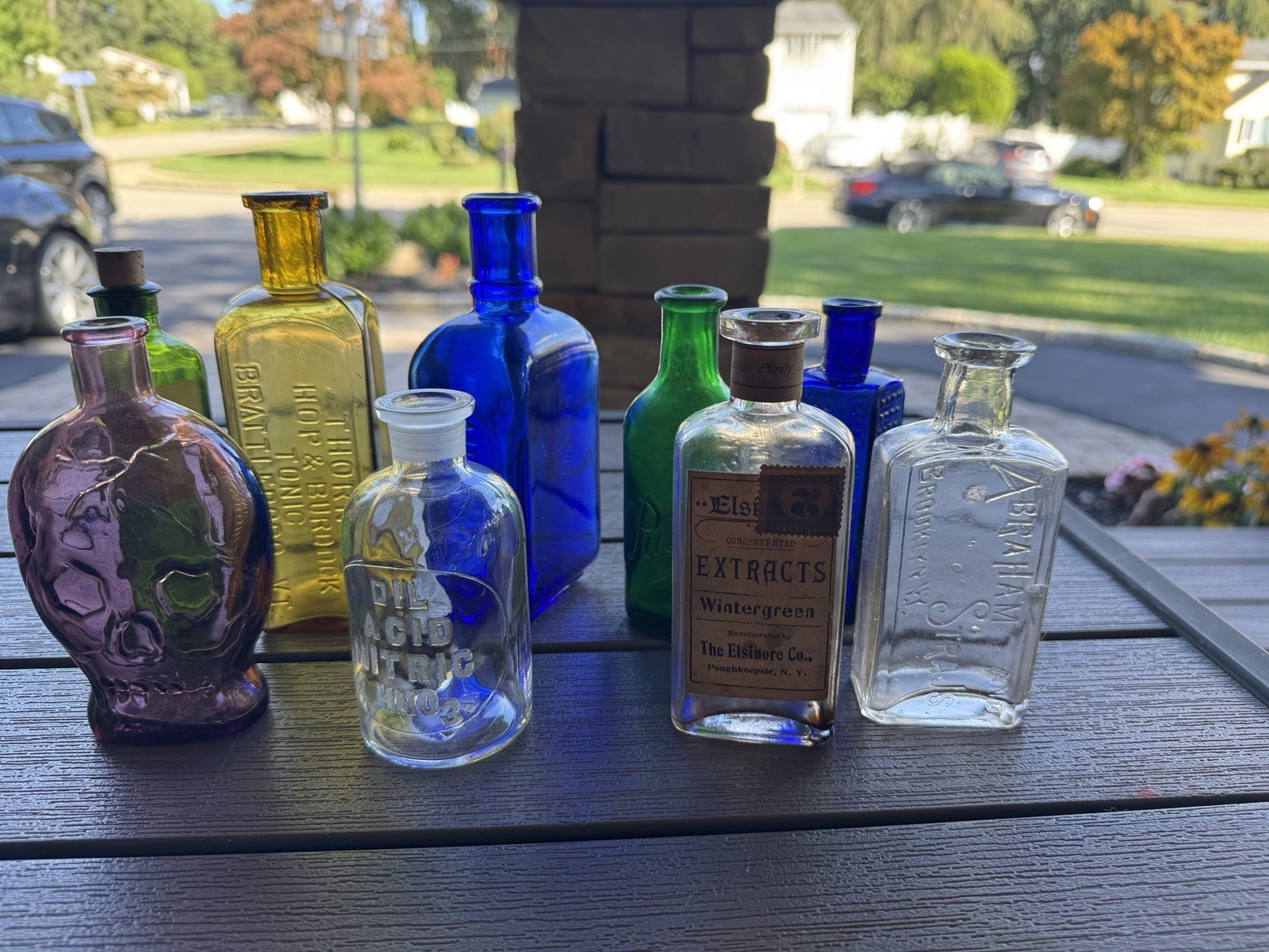 Lot Of 9 Vintage Cobalt, Green, Gold , Purple, Clear Poison / Apothecary Bottles