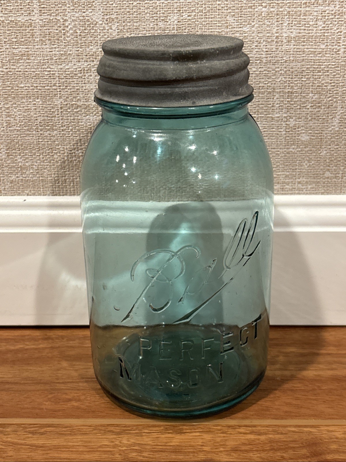 One Vintage 1900-1910 Blue Ball Pint Perfect Mason Jar - Zinc Lid With Bubbles