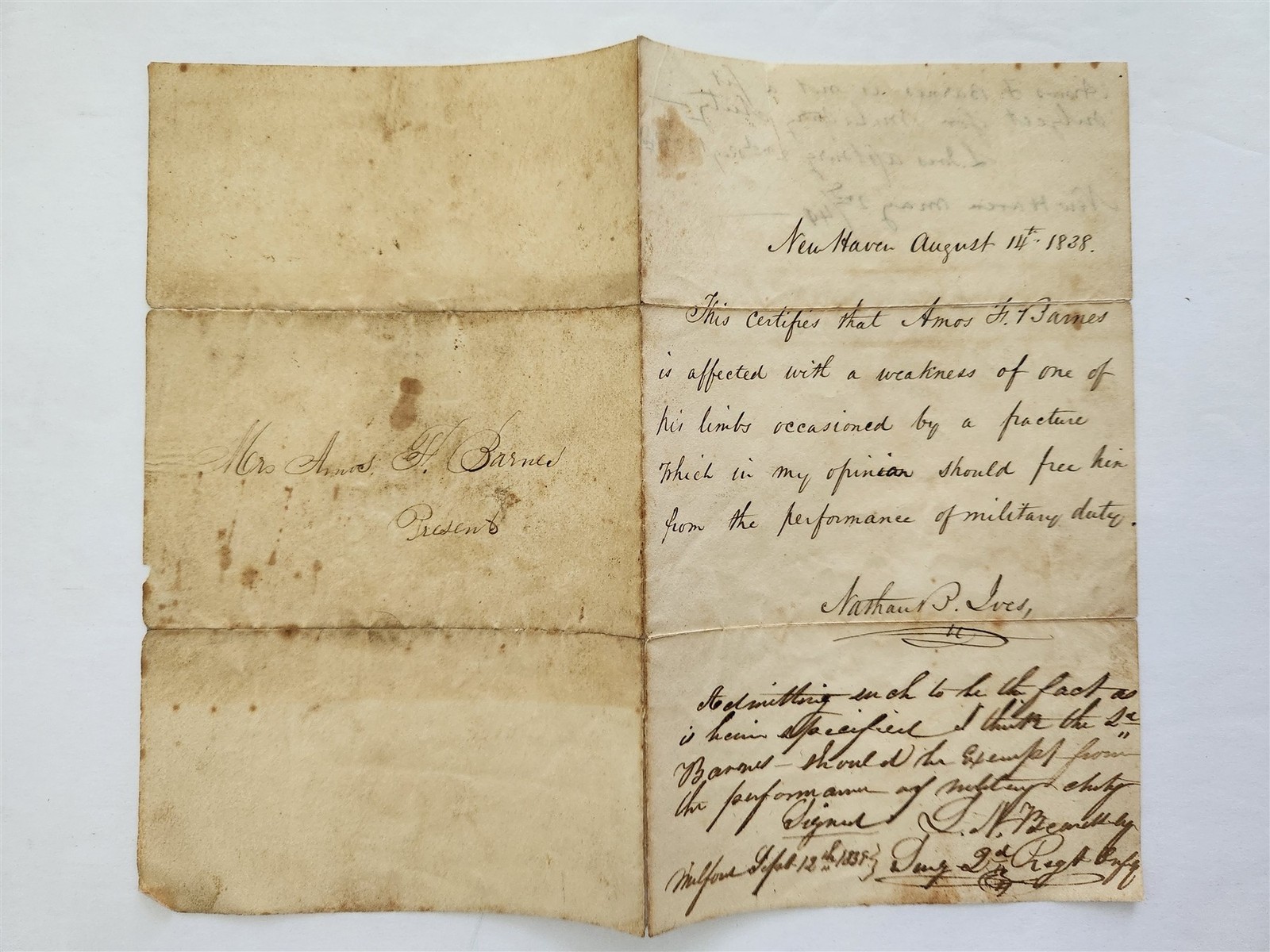 1838 antique MILITARY MEDICAL EXEMPT LETTER new haven ct AMOS BARNES nathan ives