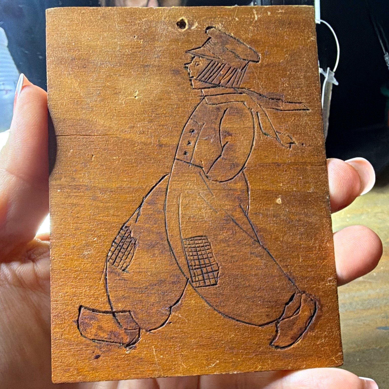 Vintage Pyrography Wood Burned Folk Art Boy Plaque Wall Hanging Trousers Cap
